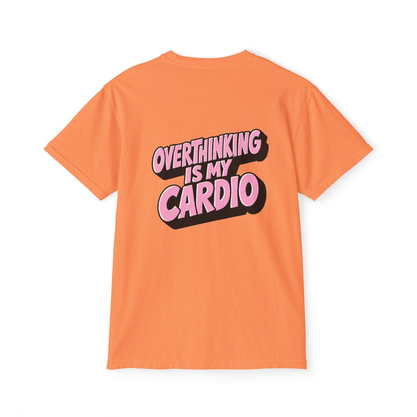 Coral Overthinking Is My Cardio graphic T-shirt back view