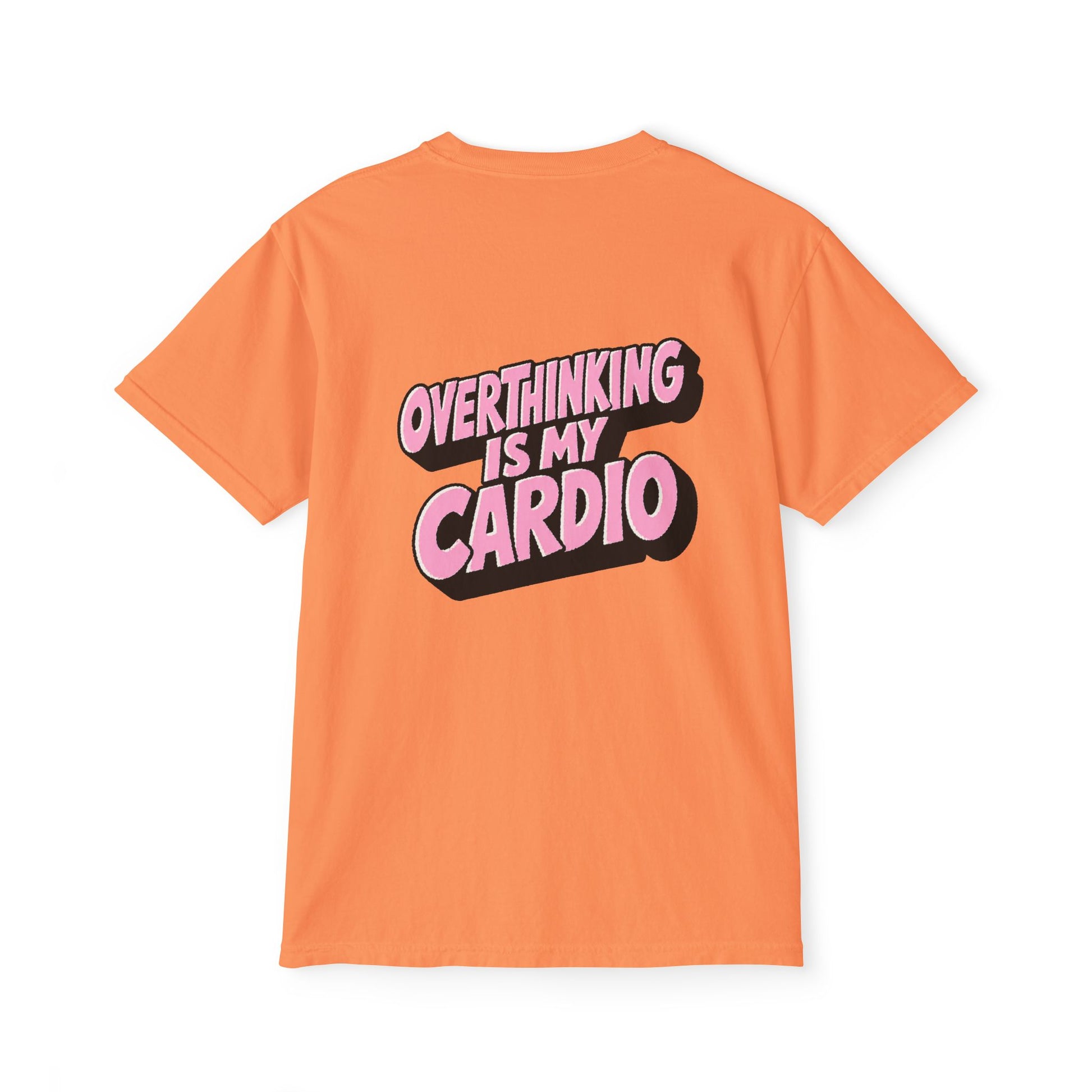 Coral Overthinking Is My Cardio graphic T-shirt back view