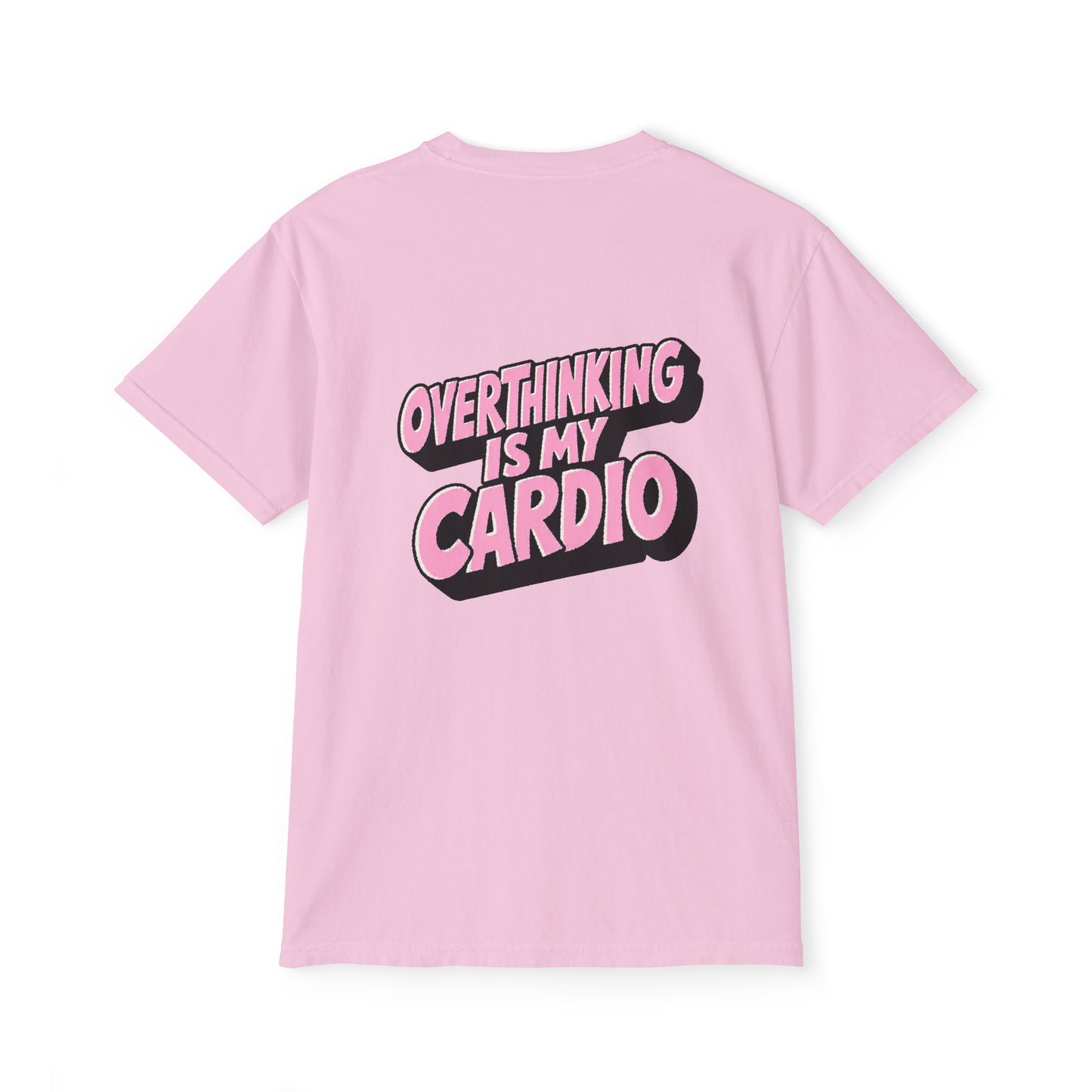Pink Overthinking Is My Cardio graphic T-shirt back view