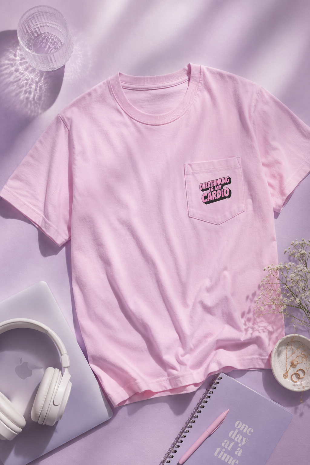 Editorial flat lay of pink Overthinking Is My Cardio pocket T-shirt on pastel fabric