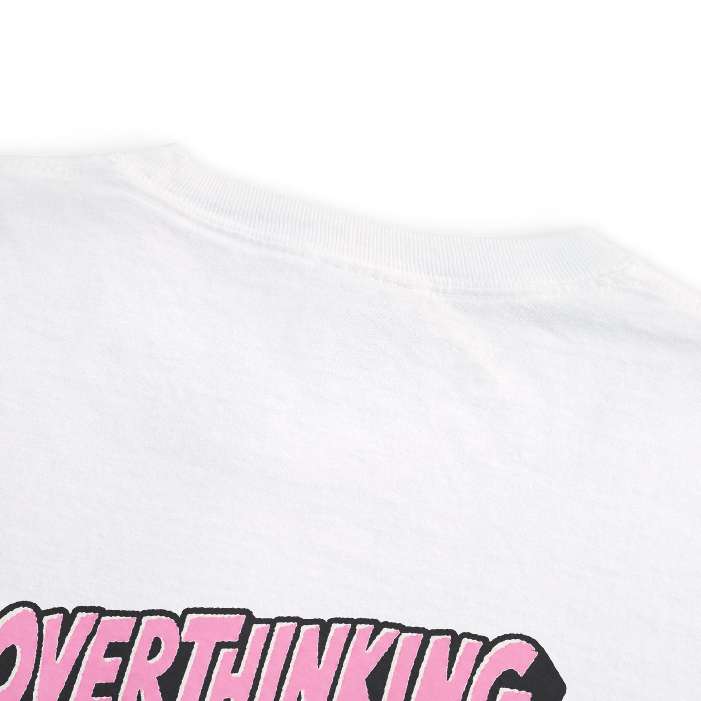 Close-up detail of Overthinking Is My Cardio pocket graphic showing soft cotton texture