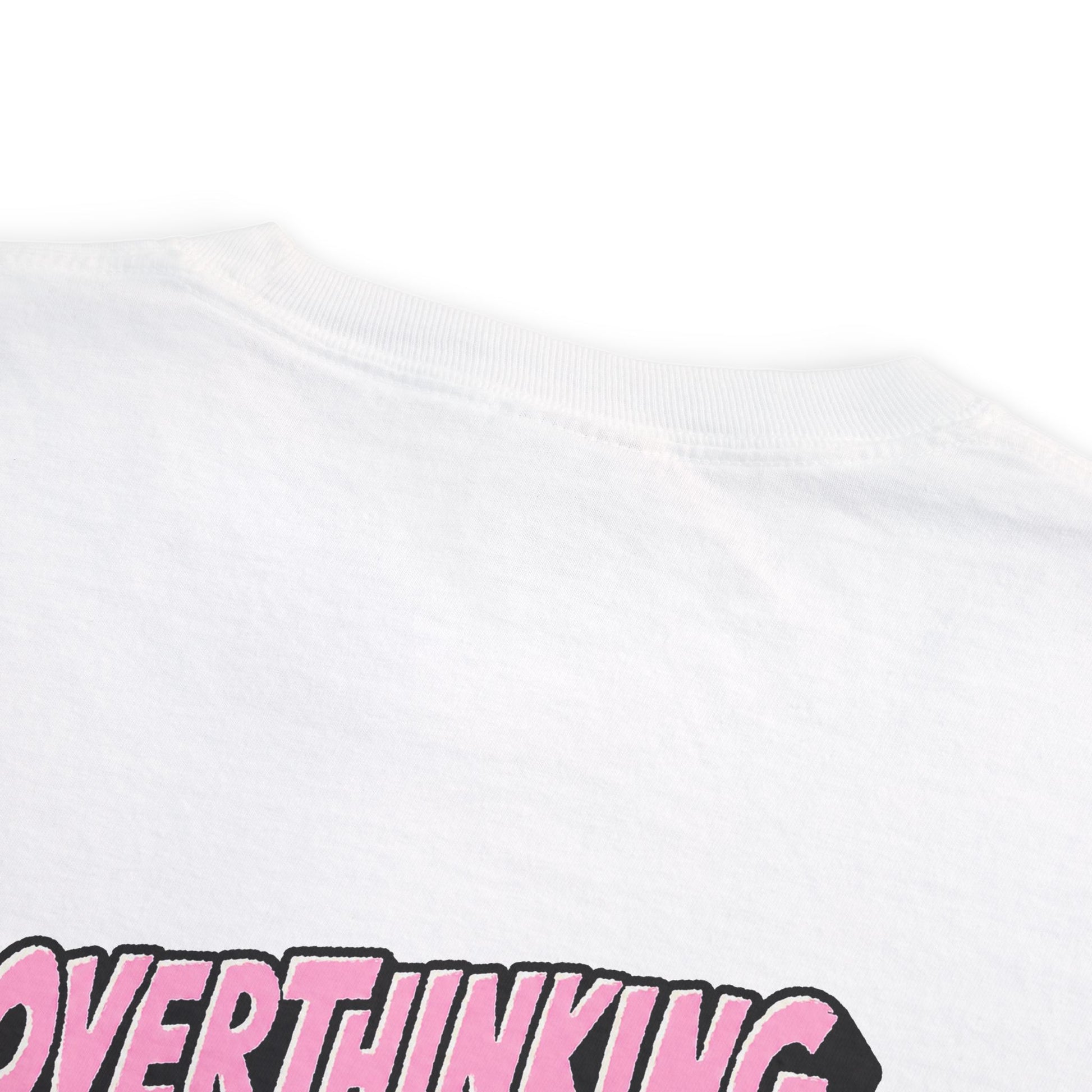 Close-up detail of Overthinking Is My Cardio pocket graphic showing soft cotton texture