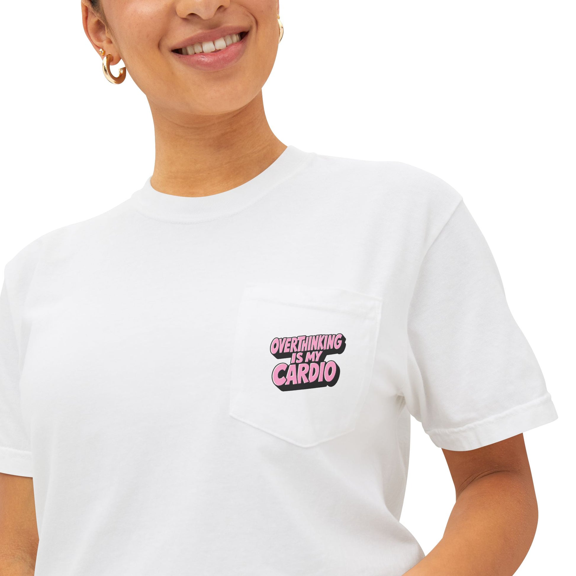 Close-up of Overthinking Is My Cardio pocket print on soft ring-spun cotton T-shirt