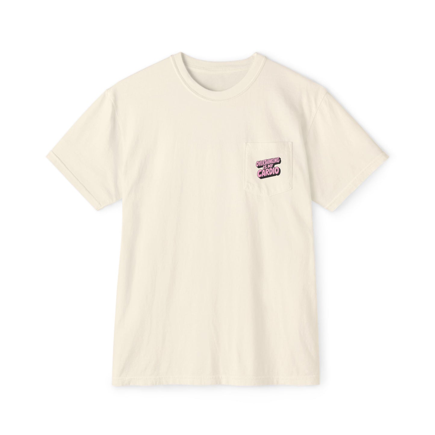 Cream Overthinking Is My Cardio pocket graphic T-shirt front view