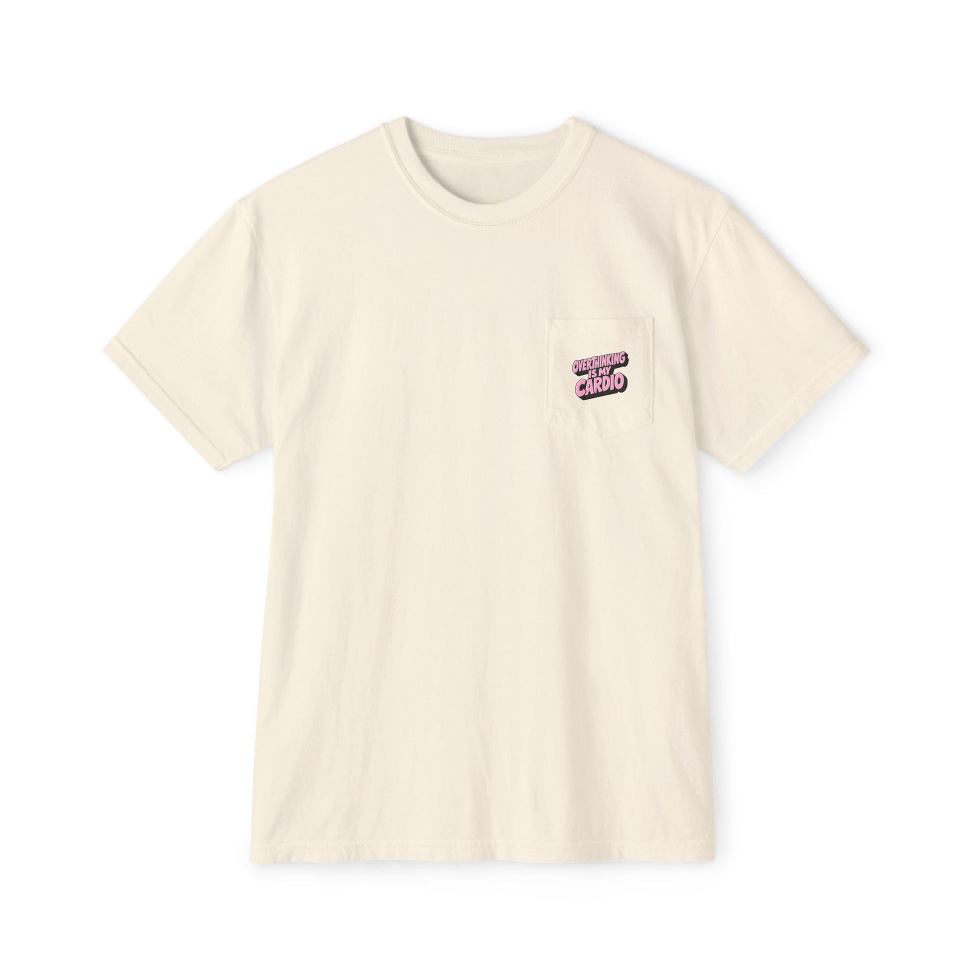 Cream Overthinking Is My Cardio pocket graphic T-shirt front view