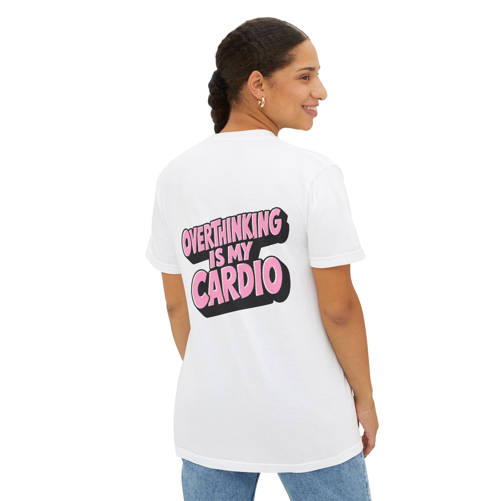 Female model wearing Overthinking Is My Cardio pocket graphic T-shirt back view