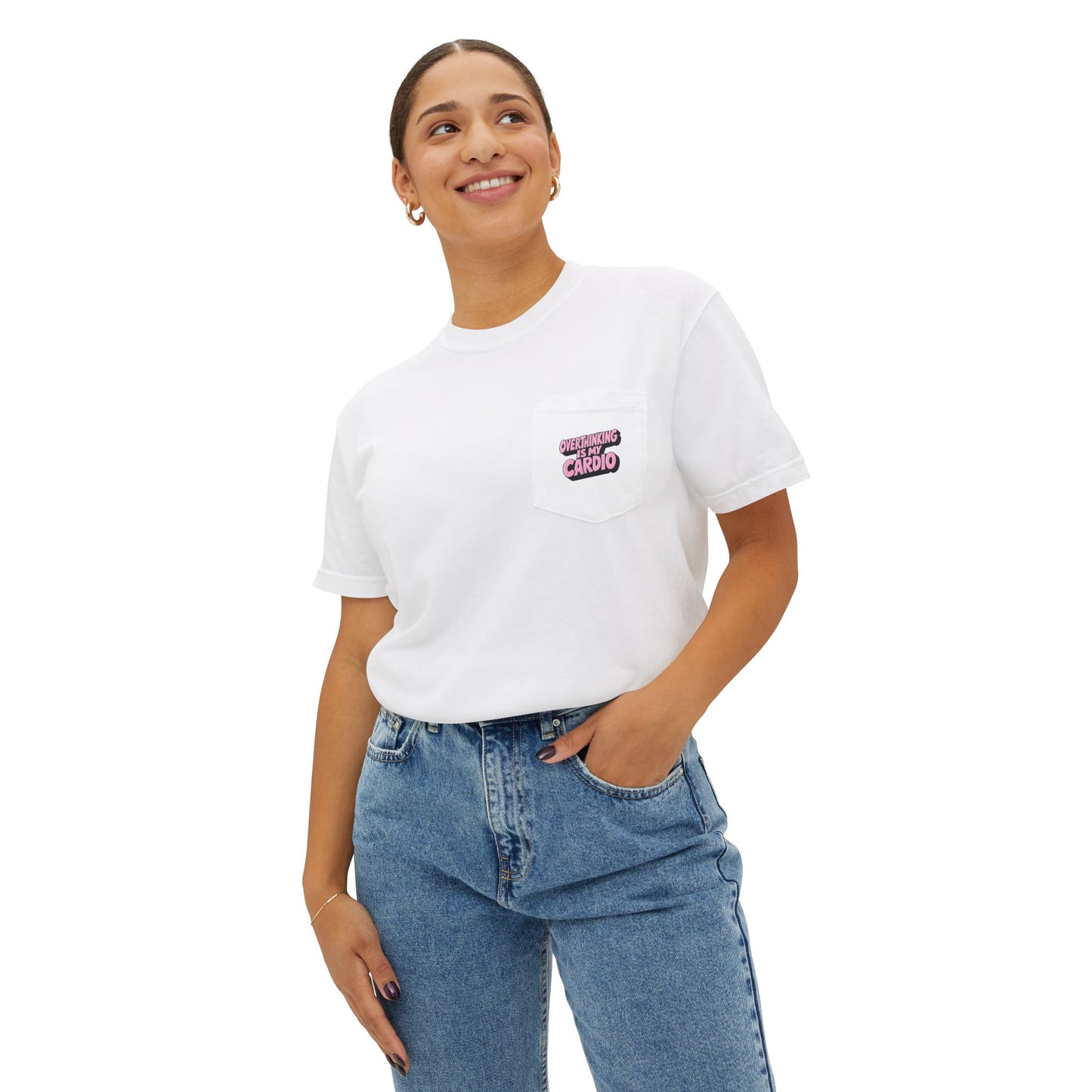 Female model wearing Overthinking Is My Cardio pocket graphic T-shirt front view