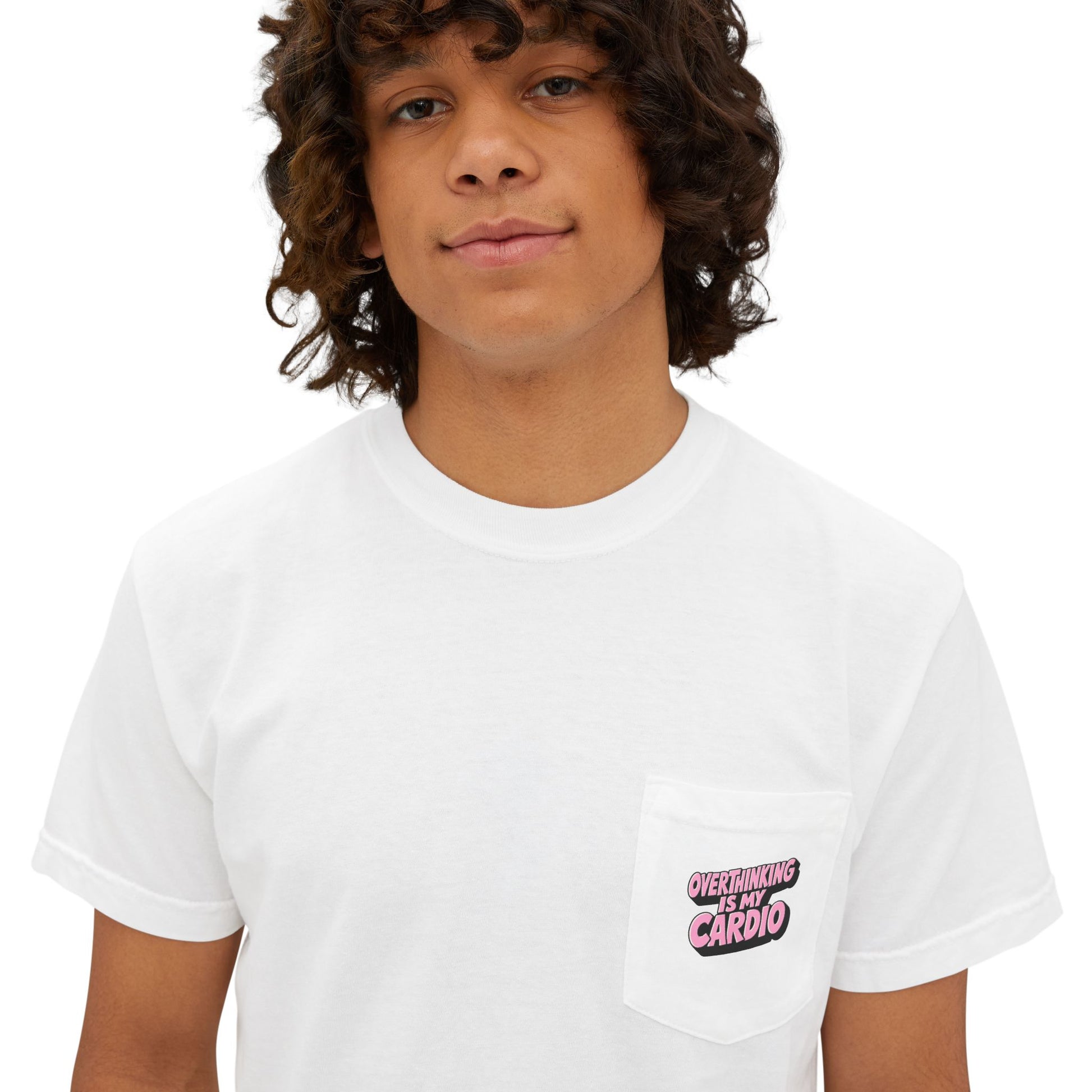 Close-up portrait of model wearing Overthinking Is My Cardio pocket T-shirt
