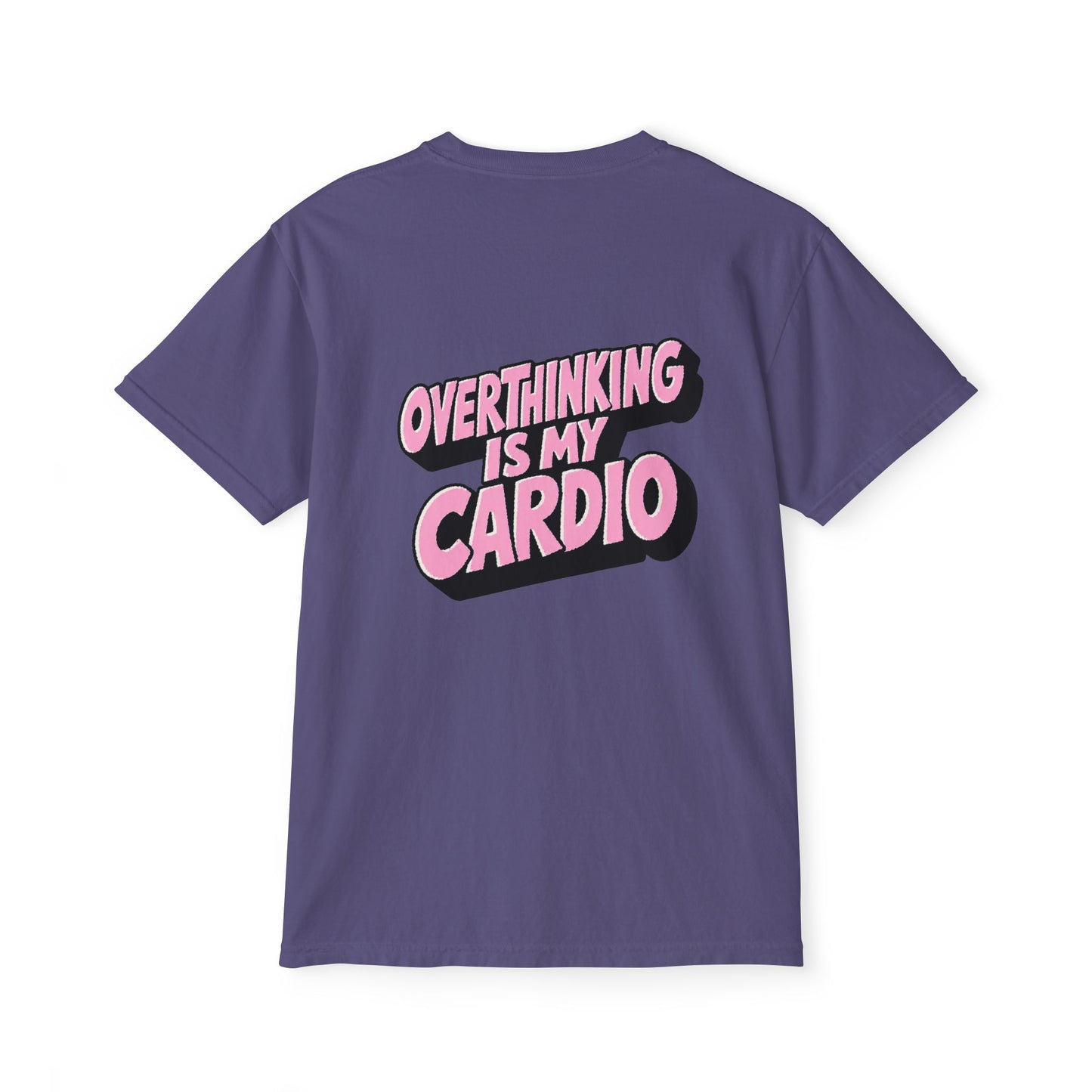 Purple Overthinking Is My Cardio graphic T-shirt back view