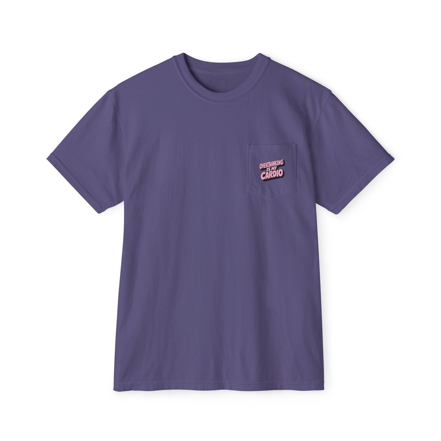 Purple Overthinking Is My Cardio pocket graphic T-shirt front view