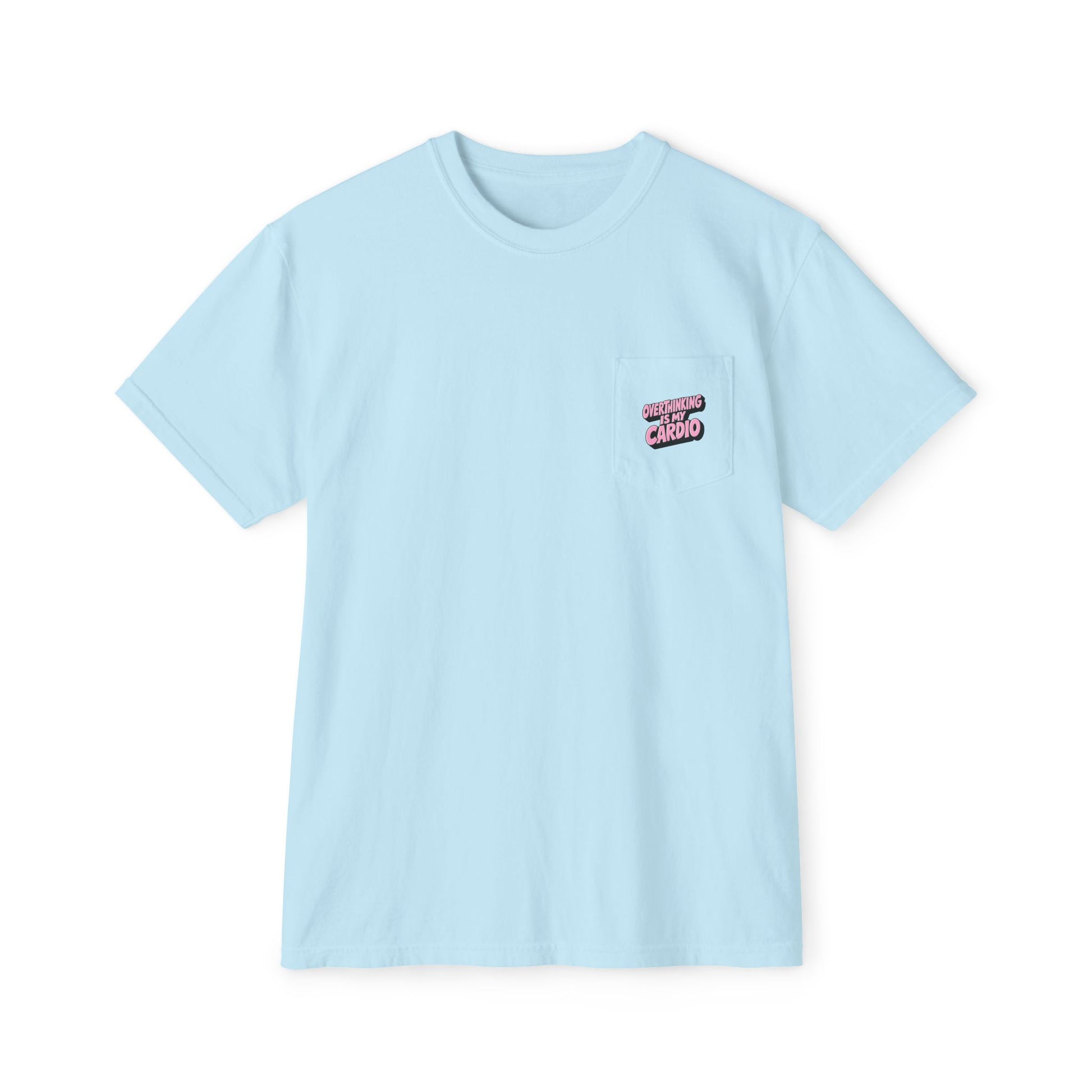 Sky blue Overthinking Is My Cardio pocket graphic T-shirt front view