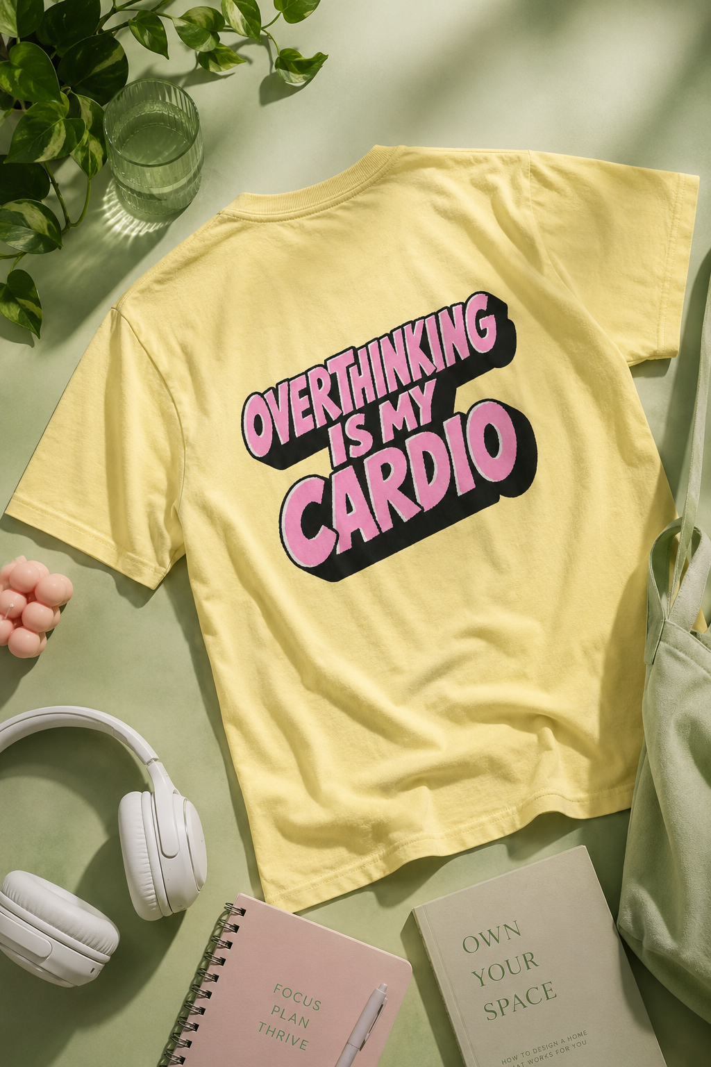 Editorial flat lay of yellow Overthinking Is My Cardio graphic T-shirt on pastel green background