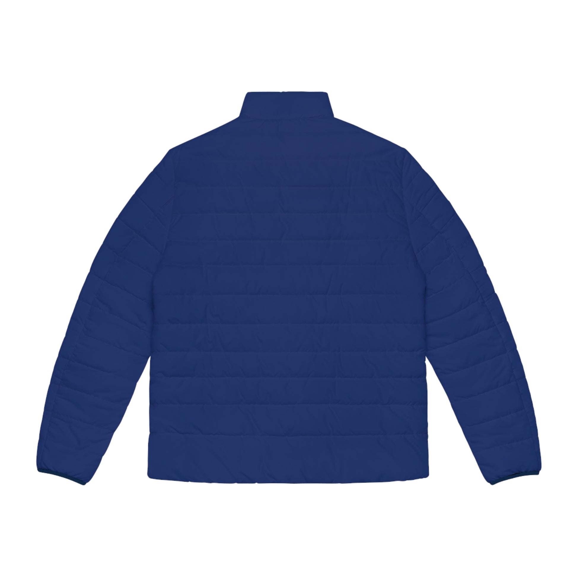 Back view of the Pac-Man Blinky Ghost men’s blue puffer jacket in dark blue.