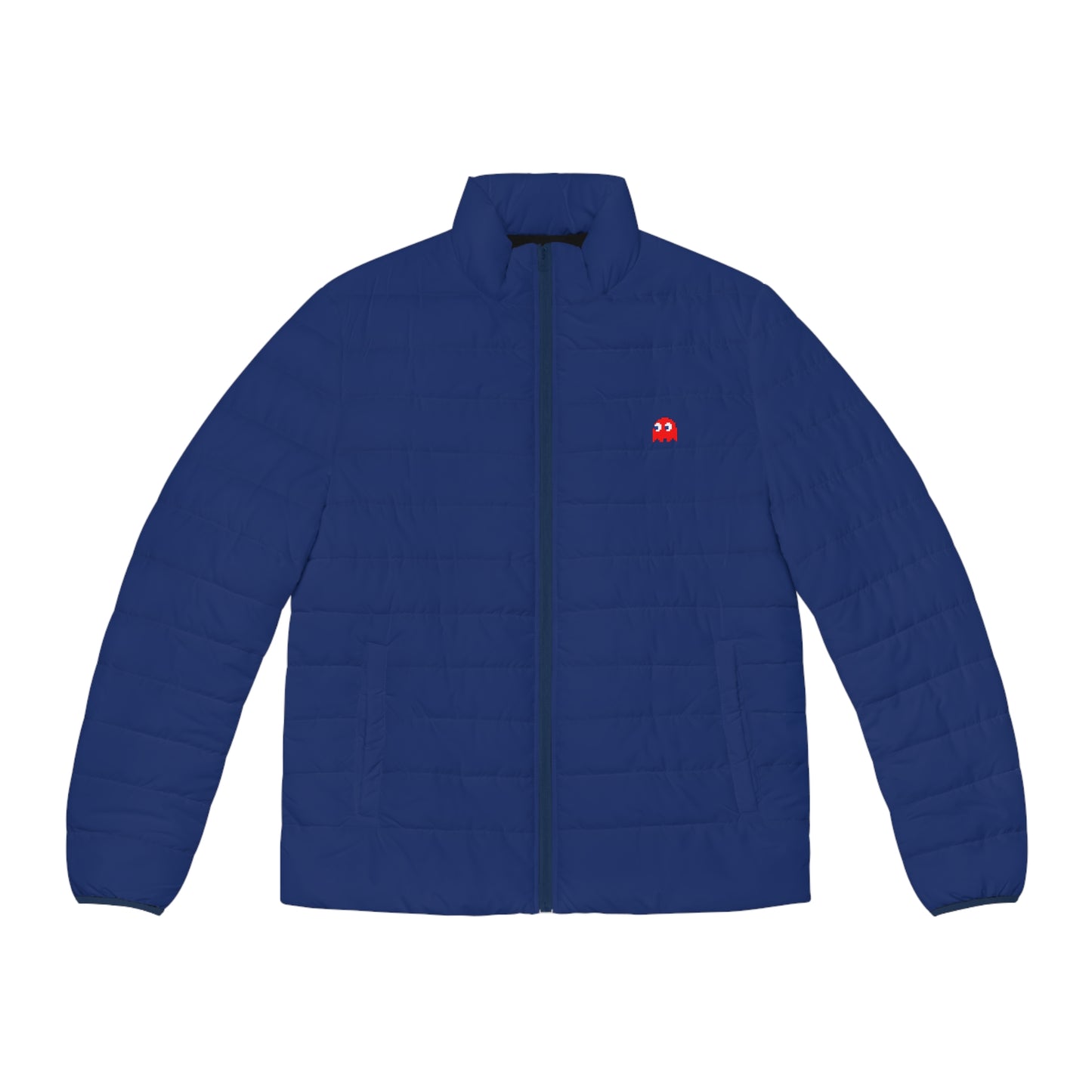 Front view of the Pac-Man Blinky Ghost men’s blue puffer jacket with red ghost chest detail.