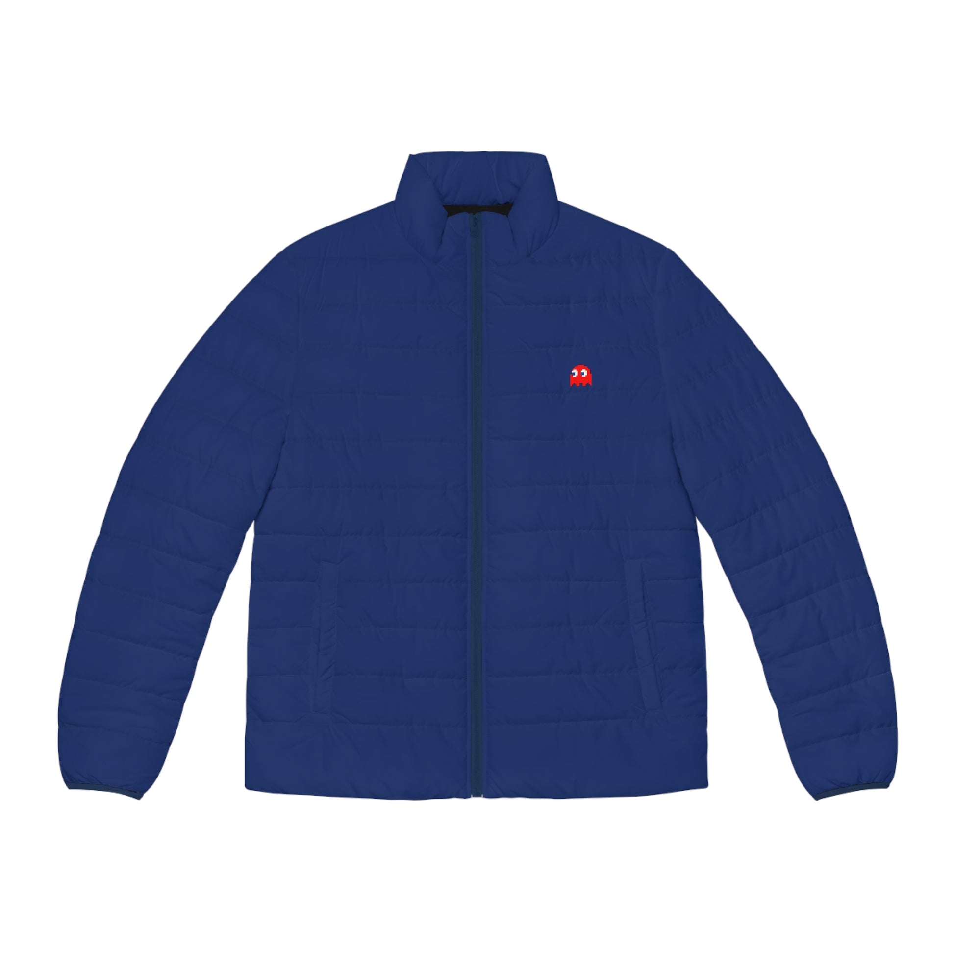 Front view of the Pac-Man Blinky Ghost men’s blue puffer jacket with red ghost chest detail.
