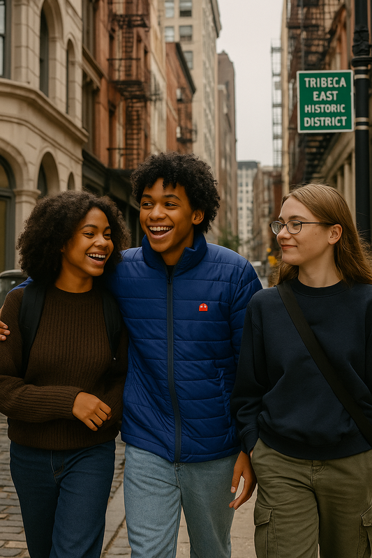 Three young adults in Tribeca, NYC, with a man wearing the Pac-Man Blinky Ghost men’s blue puffer jacket.