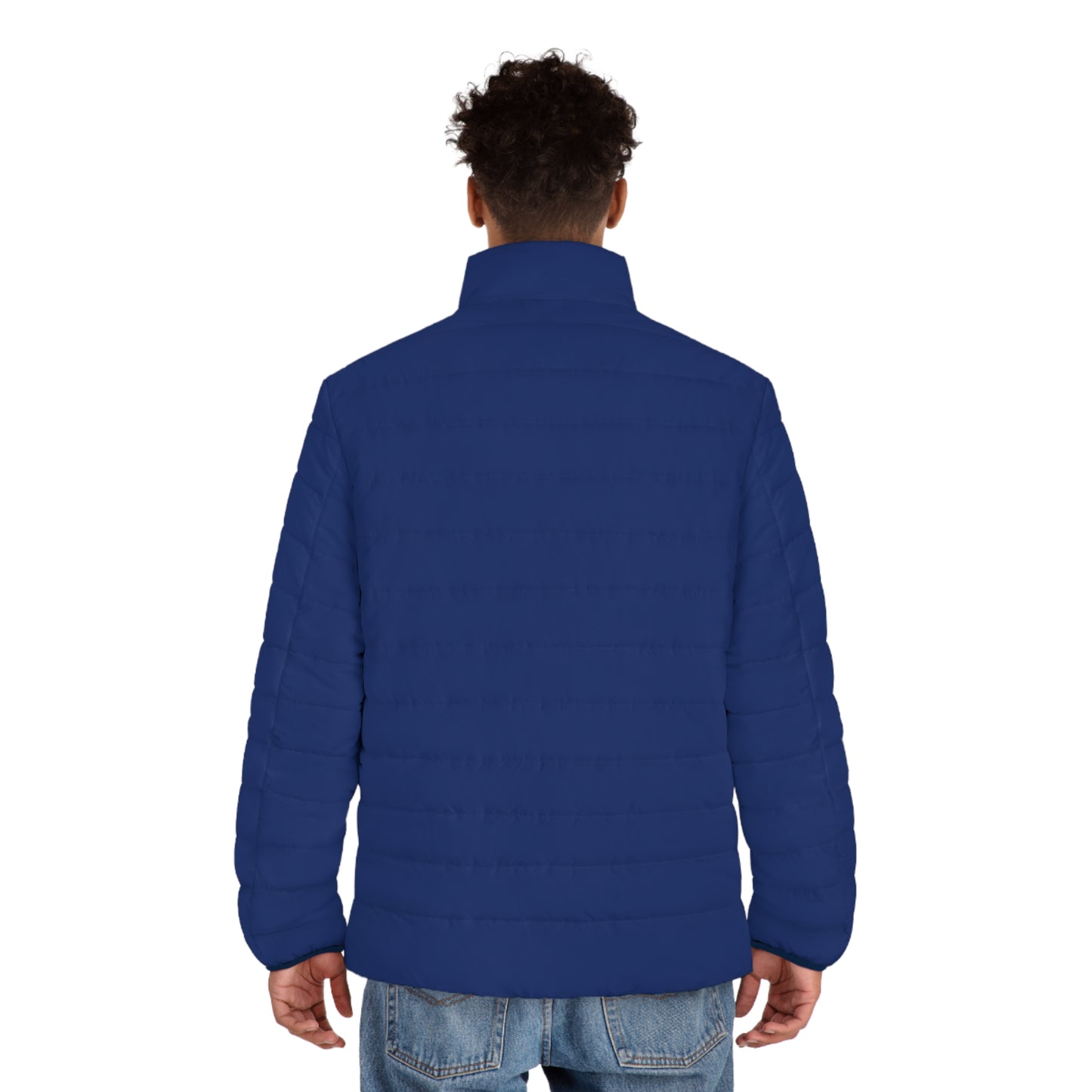 Male model wearing the Pac-Man Blinky Ghost men’s blue puffer jacket, rear view.