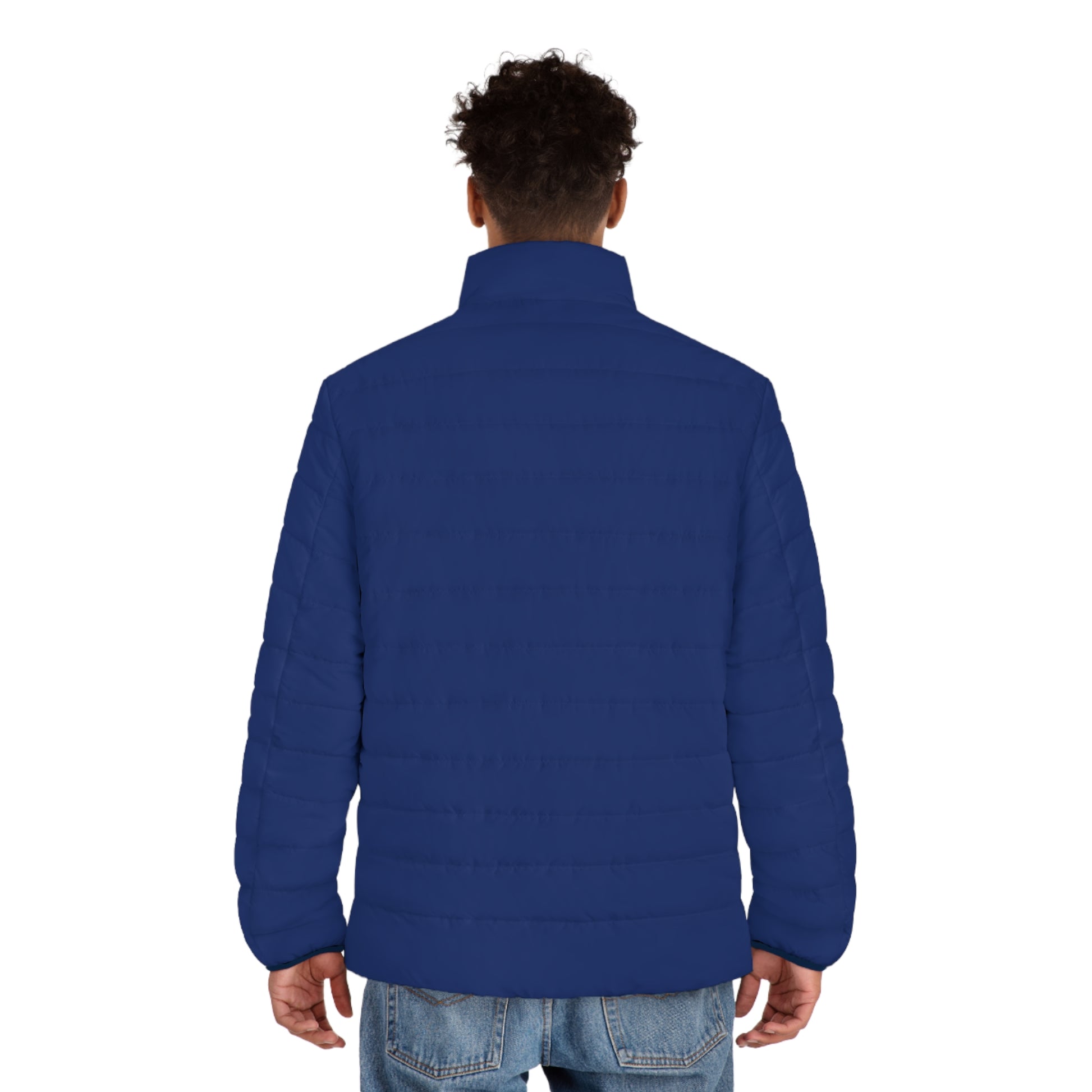 Male model wearing the Pac-Man Blinky Ghost men’s blue puffer jacket, rear view.
