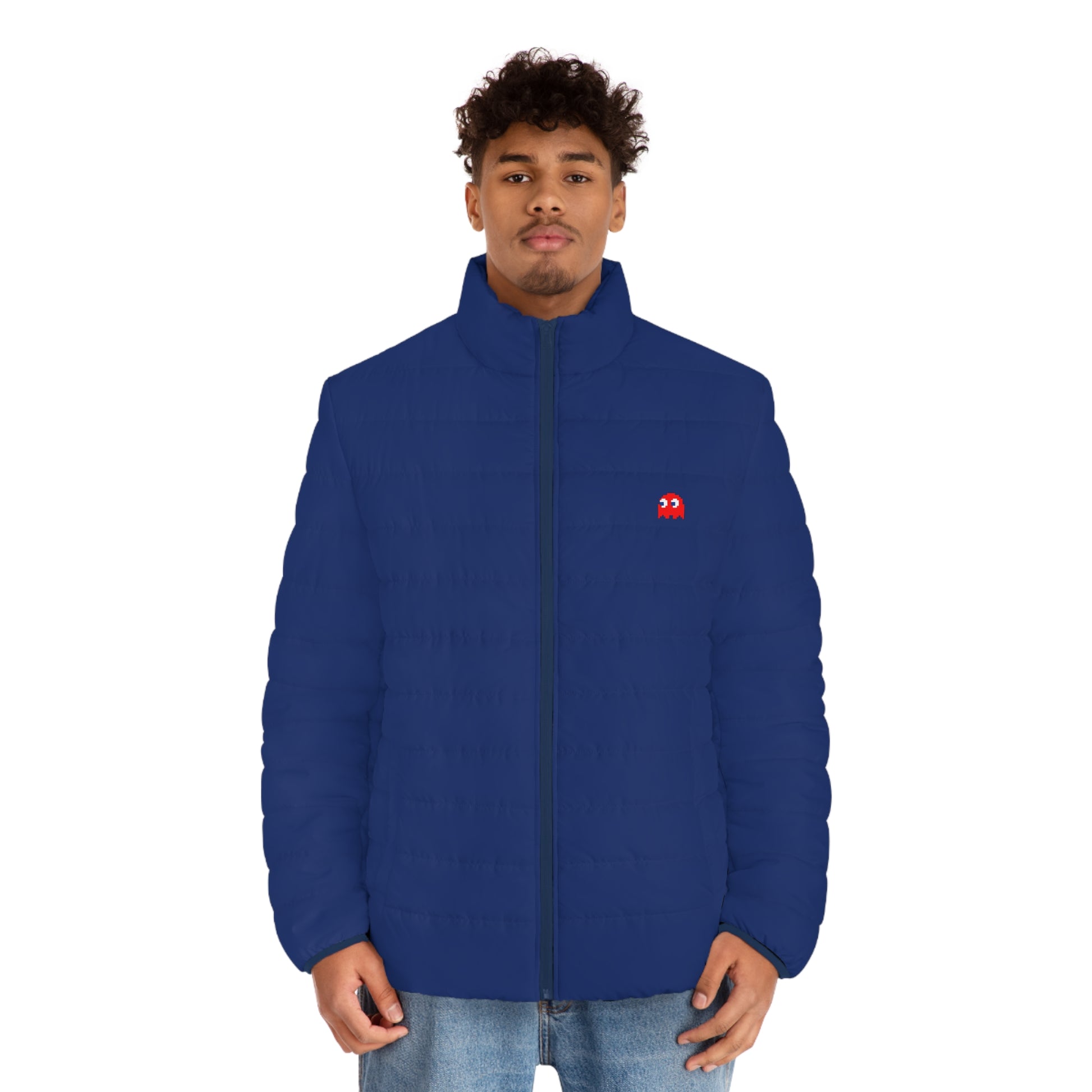 Male model wearing the Pac-Man Blinky Ghost men’s blue puffer jacket, front view.