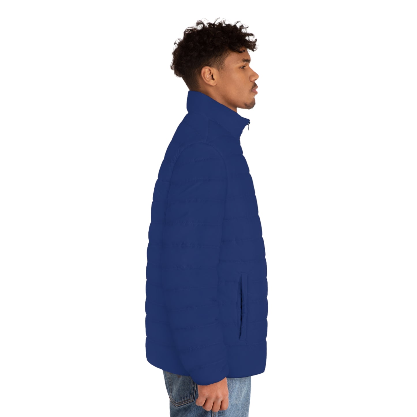 Side view of a male model wearing the Pac-Man Blinky Ghost men’s blue puffer jacket.