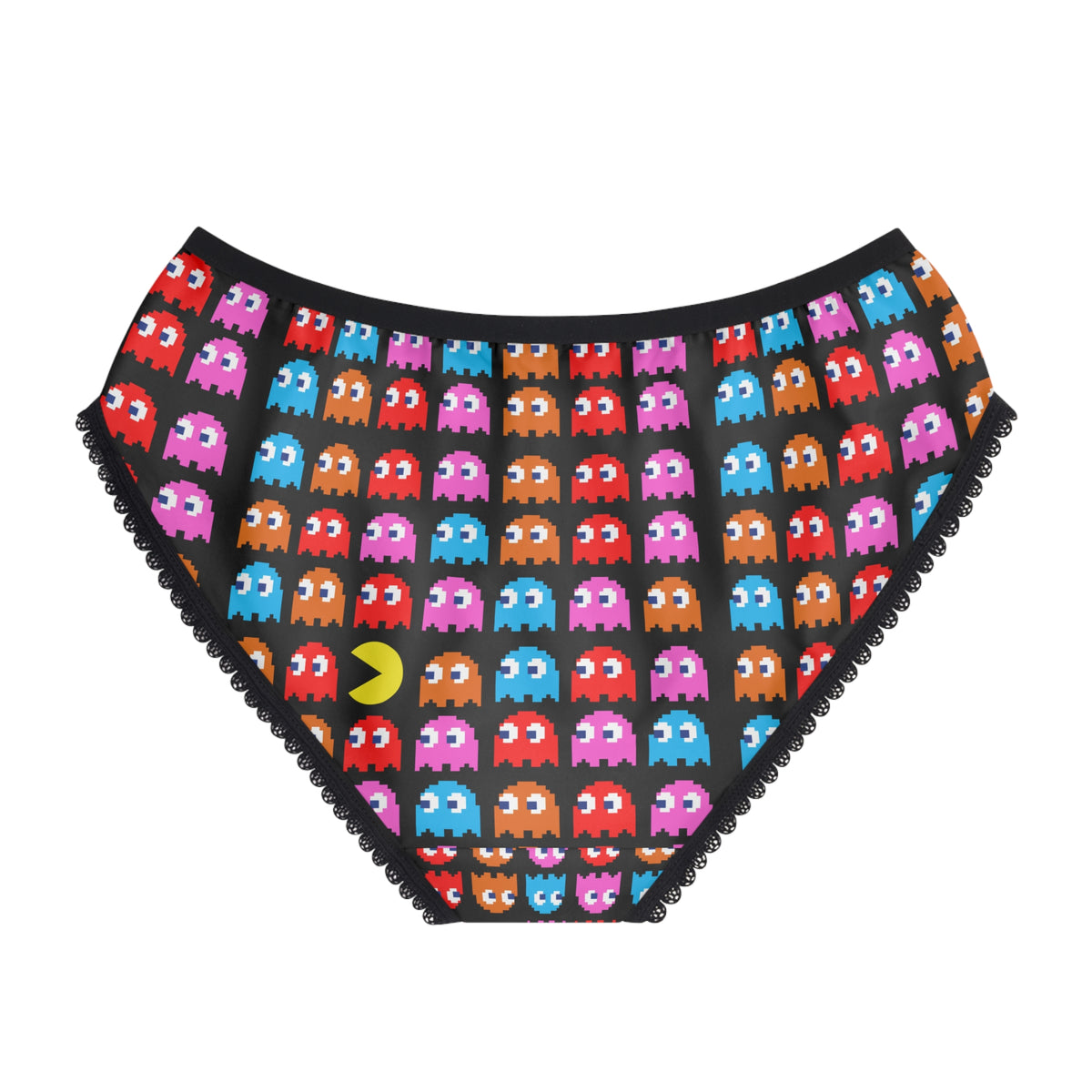 Back product view of Pac-Man women’s gaming panties featuring colorful pixel ghosts and black lace trim