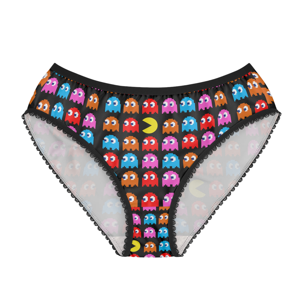 Front product view of Pac-Man women’s gaming panties with colorful ghost print and black lace edging