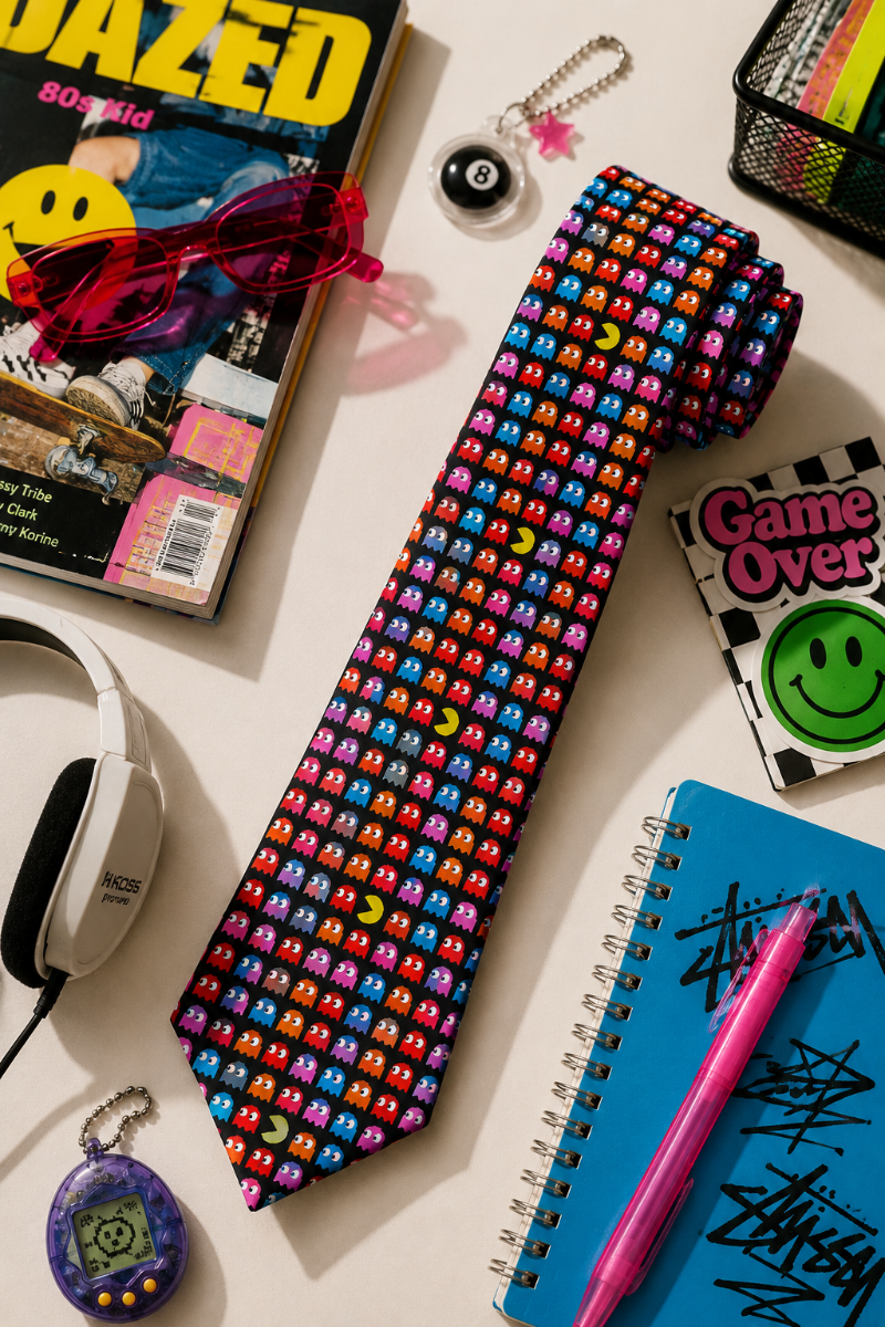 Pac-Man Ghosts Necktie with colorful pixel ghosts laid beside a magazine, headphones, and a notebook.