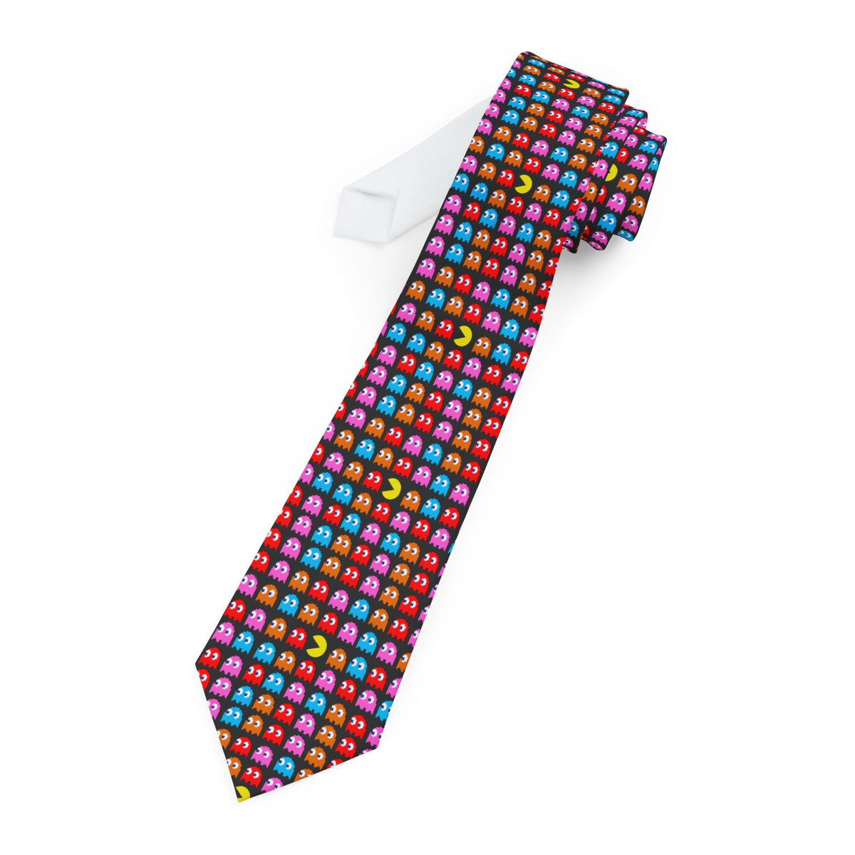 Pac-Man Ghosts Necktie arranged on a white background, showing its repeating multicolored ghost pattern.