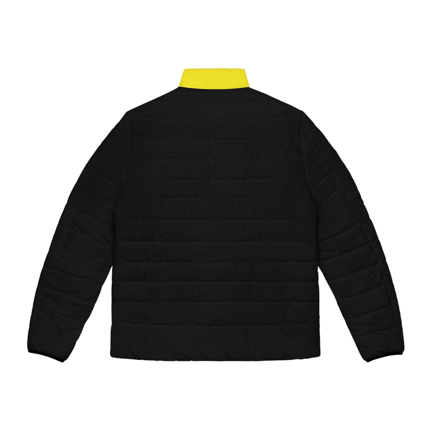 Back product view of the Pac-Man men’s black puffer jacket with bright yellow collar.