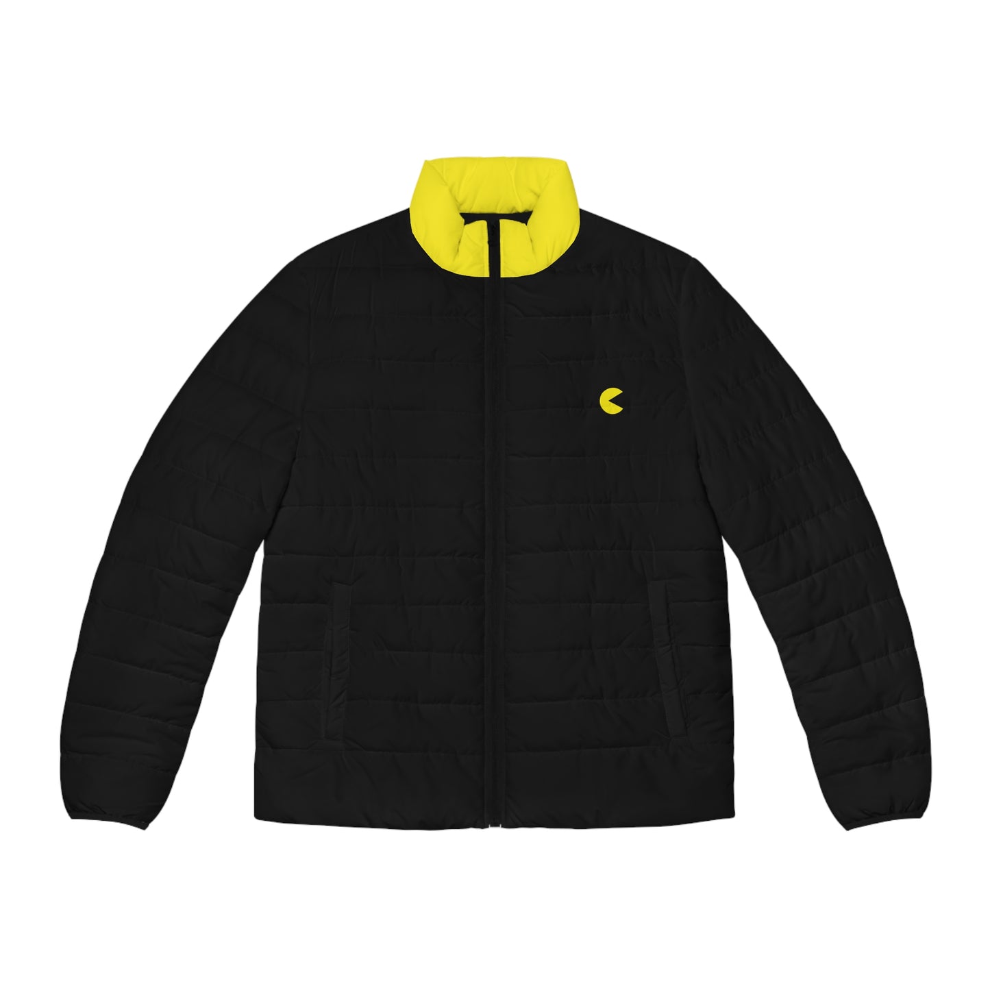 Front product view of the Pac-Man men’s black puffer jacket with bright yellow collar and chest detail.