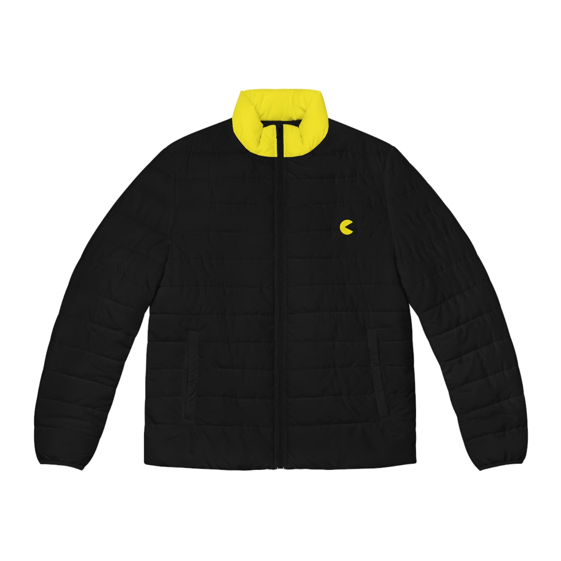 Front product view of the Pac-Man men’s black puffer jacket with bright yellow collar and chest detail.