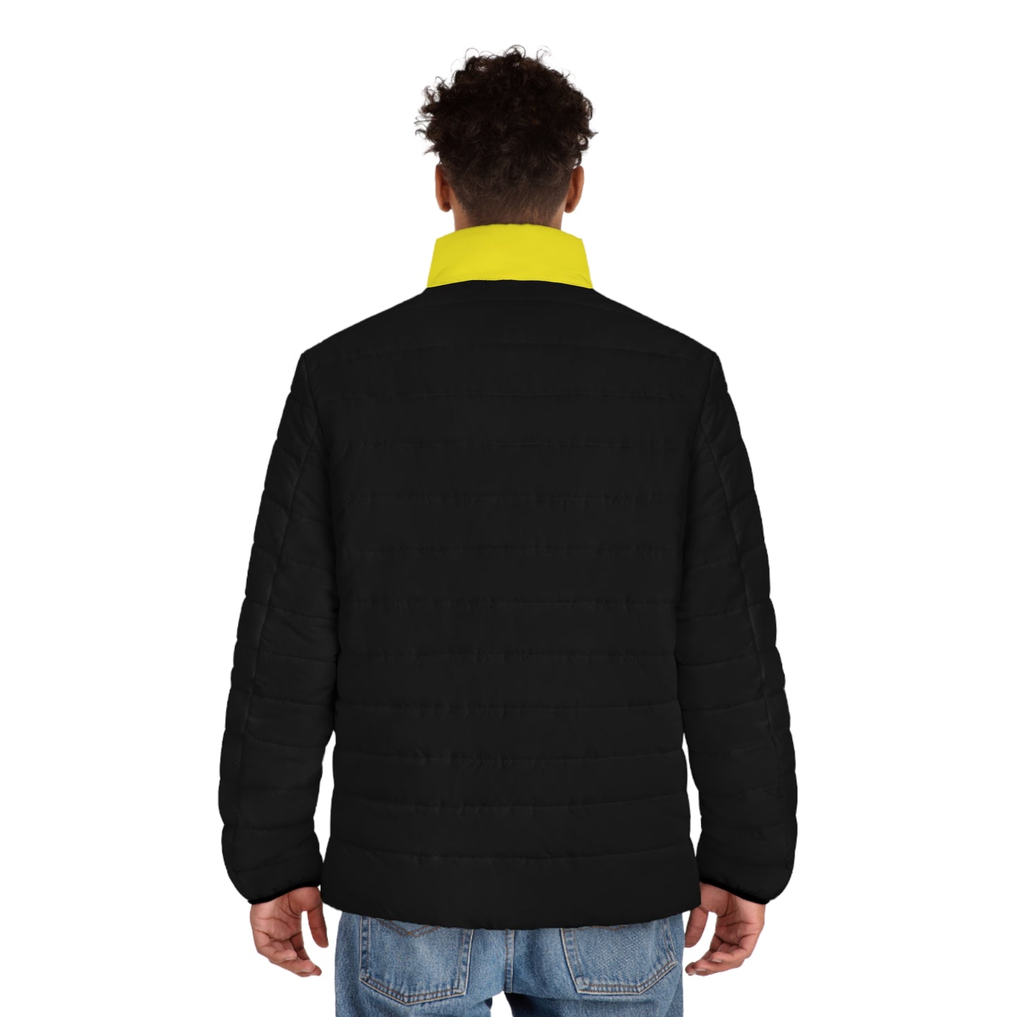 Male model wearing the Pac-Man men’s black and yellow puffer jacket, rear view.
