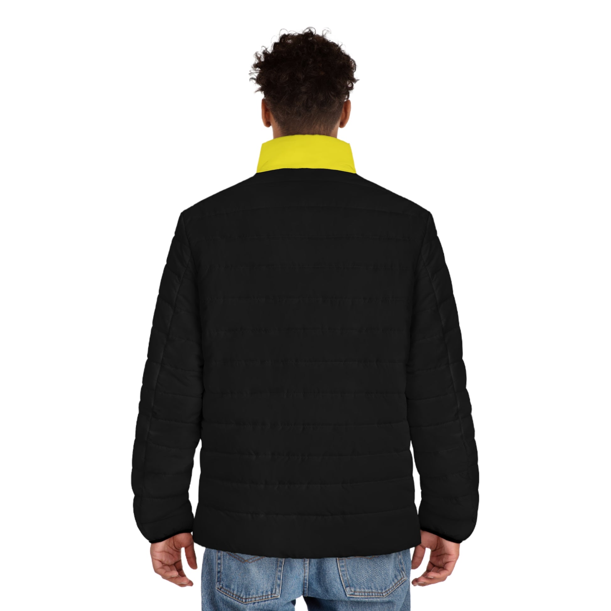 Male model wearing the Pac-Man men’s black and yellow puffer jacket, rear view.