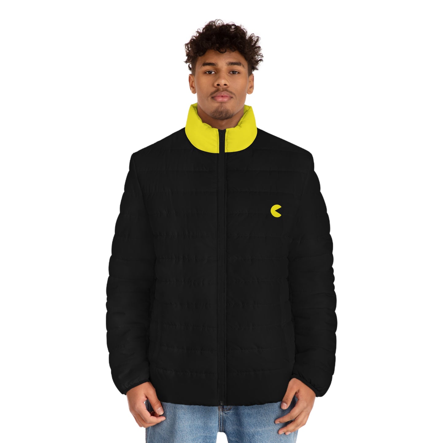 Male model wearing the Pac-Man men’s black and yellow puffer jacket, front view.