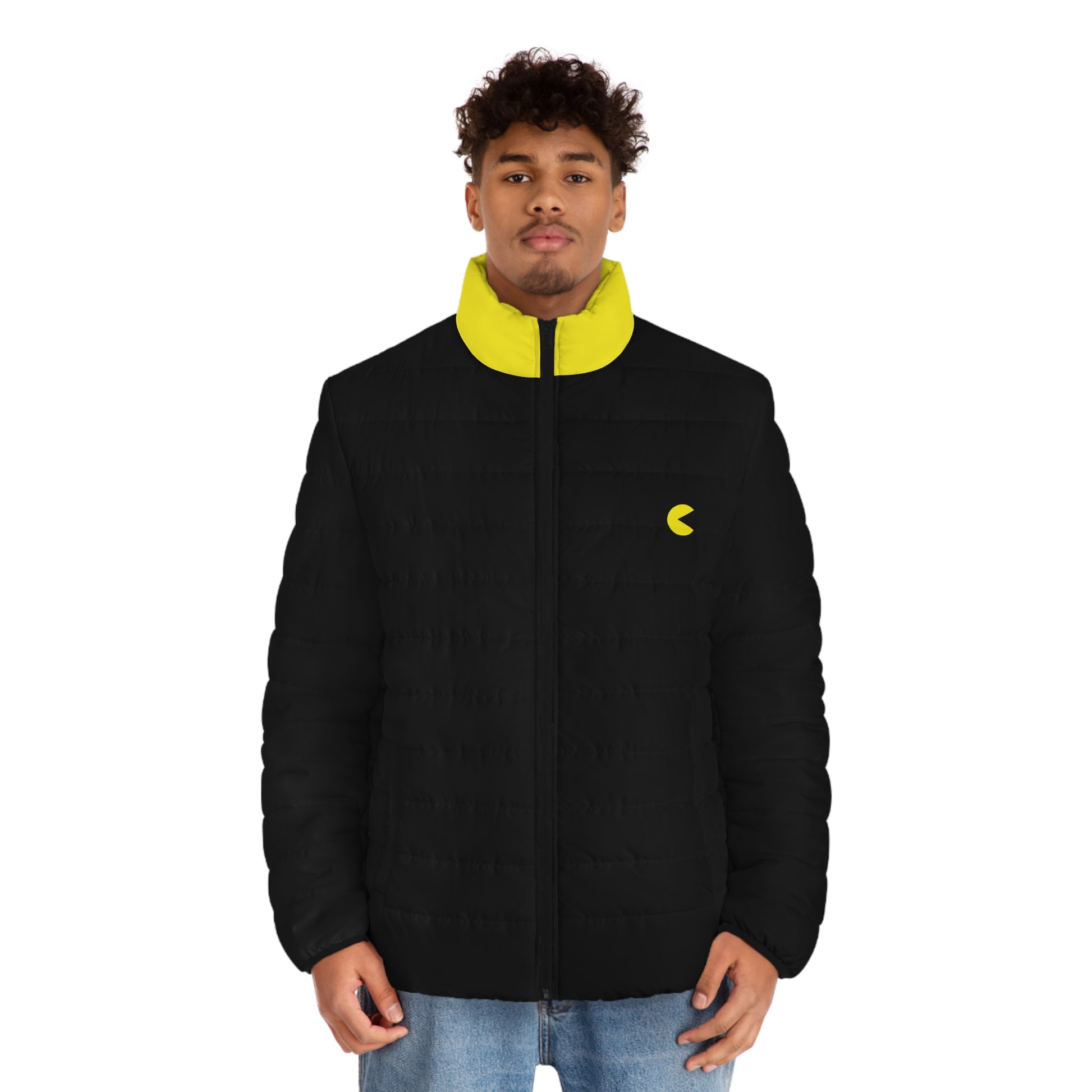 Male model wearing the Pac-Man men’s black and yellow puffer jacket, front view.