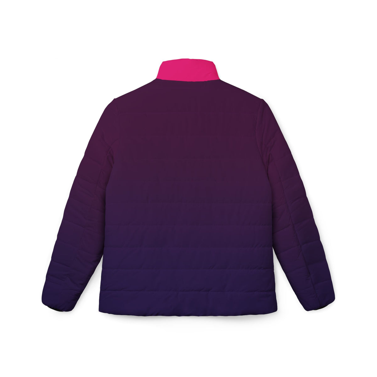 Back view of the Pac-Man Pinky Ghost purple women’s puffer jacket