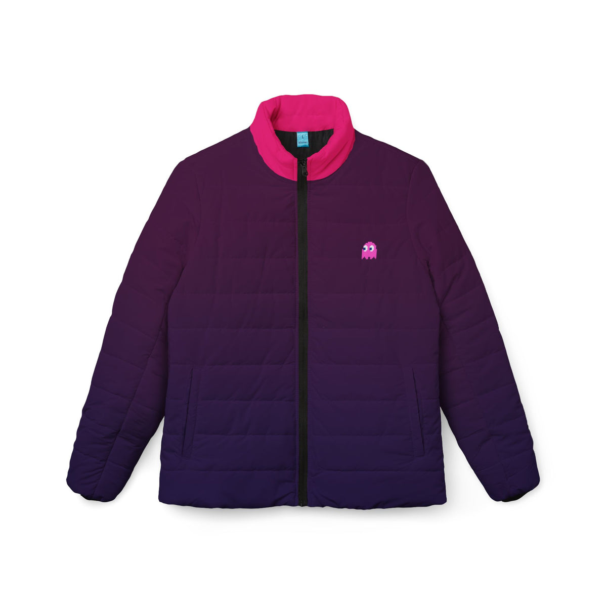 Front view of the Pac-Man Pinky Ghost purple women’s puffer jacket with hot pink collar and chest detail