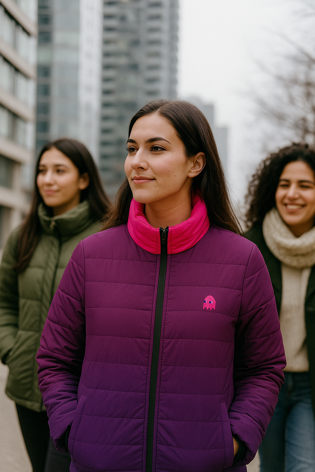 Woman wearing the Pac-Man Pinky Ghost purple women’s puffer jacket in an urban lifestyle setting