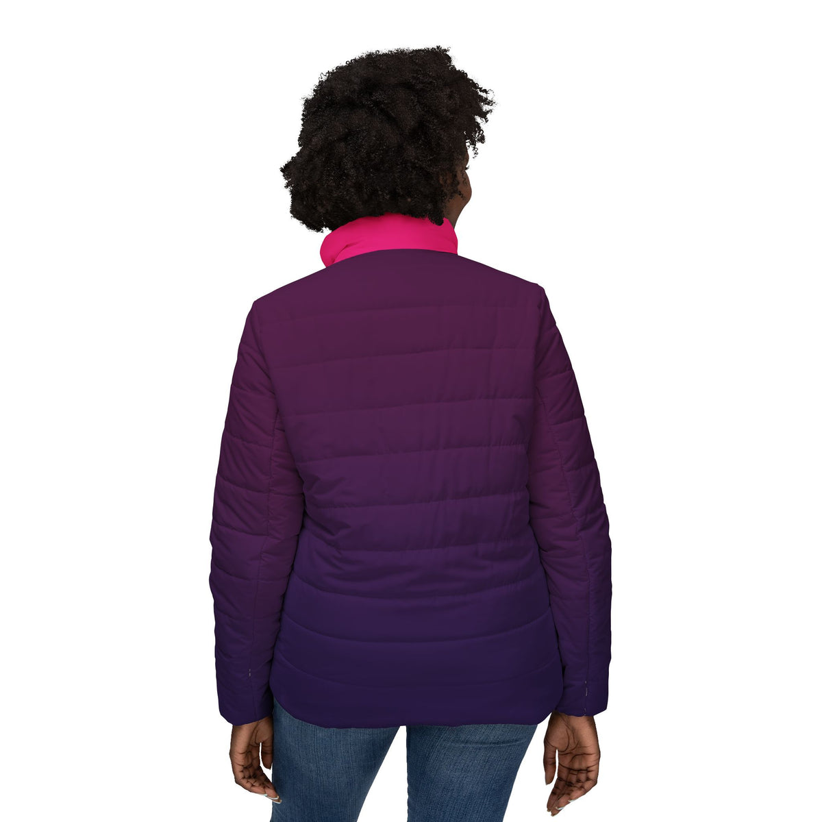 Female model wearing the Pac-Man Pinky Ghost purple women’s puffer jacket from the back