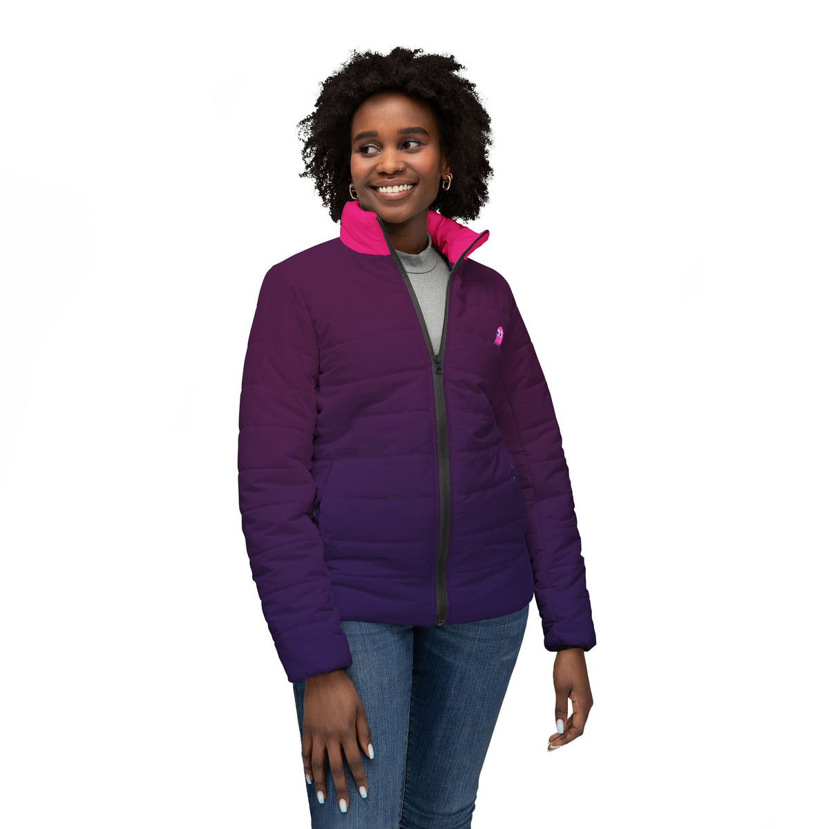 Female model wearing the Pac-Man Pinky Ghost purple women’s puffer jacket from the front