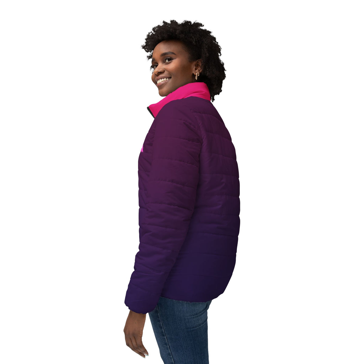 Side view of female model wearing the Pac-Man Pinky Ghost purple women’s puffer jacket