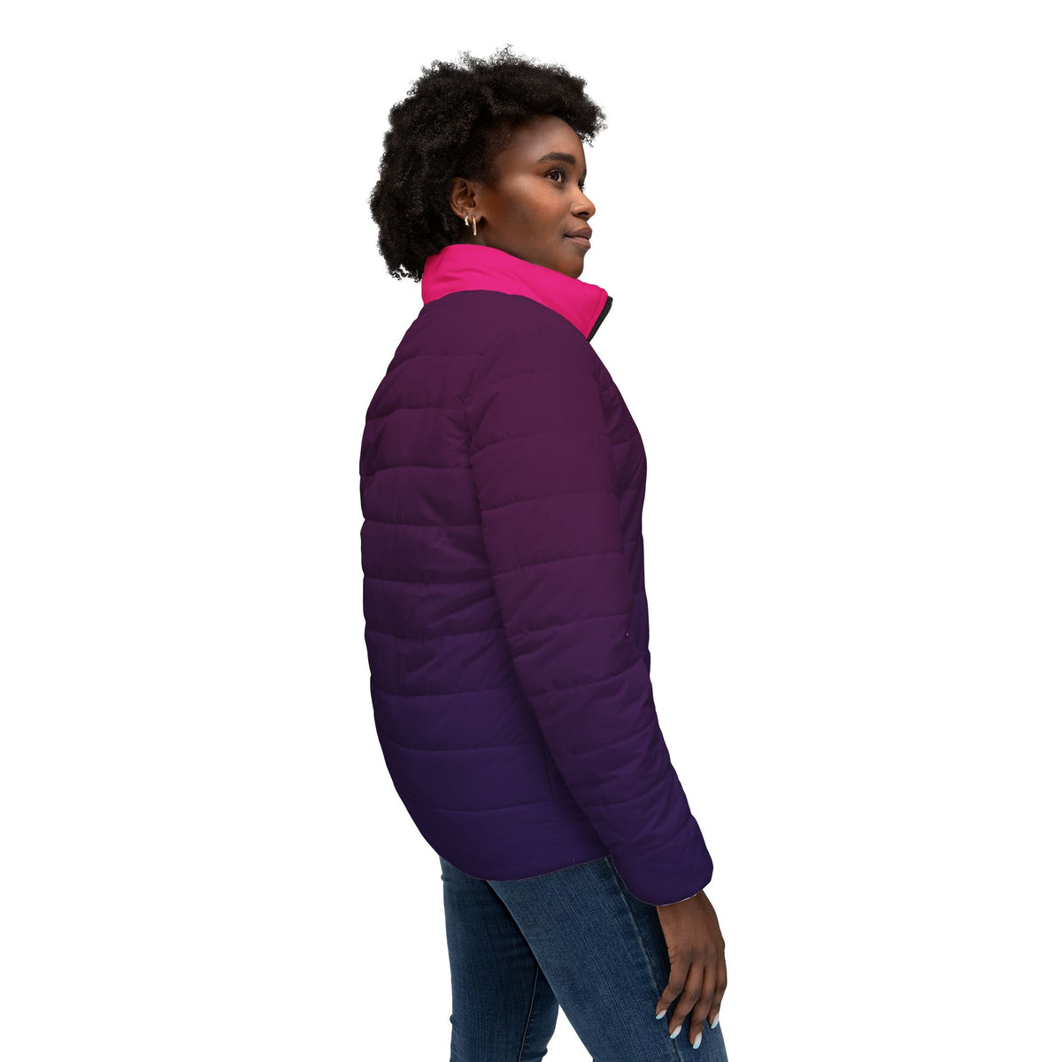 Alternate side view of female model wearing the Pac-Man Pinky Ghost purple women’s puffer jacket