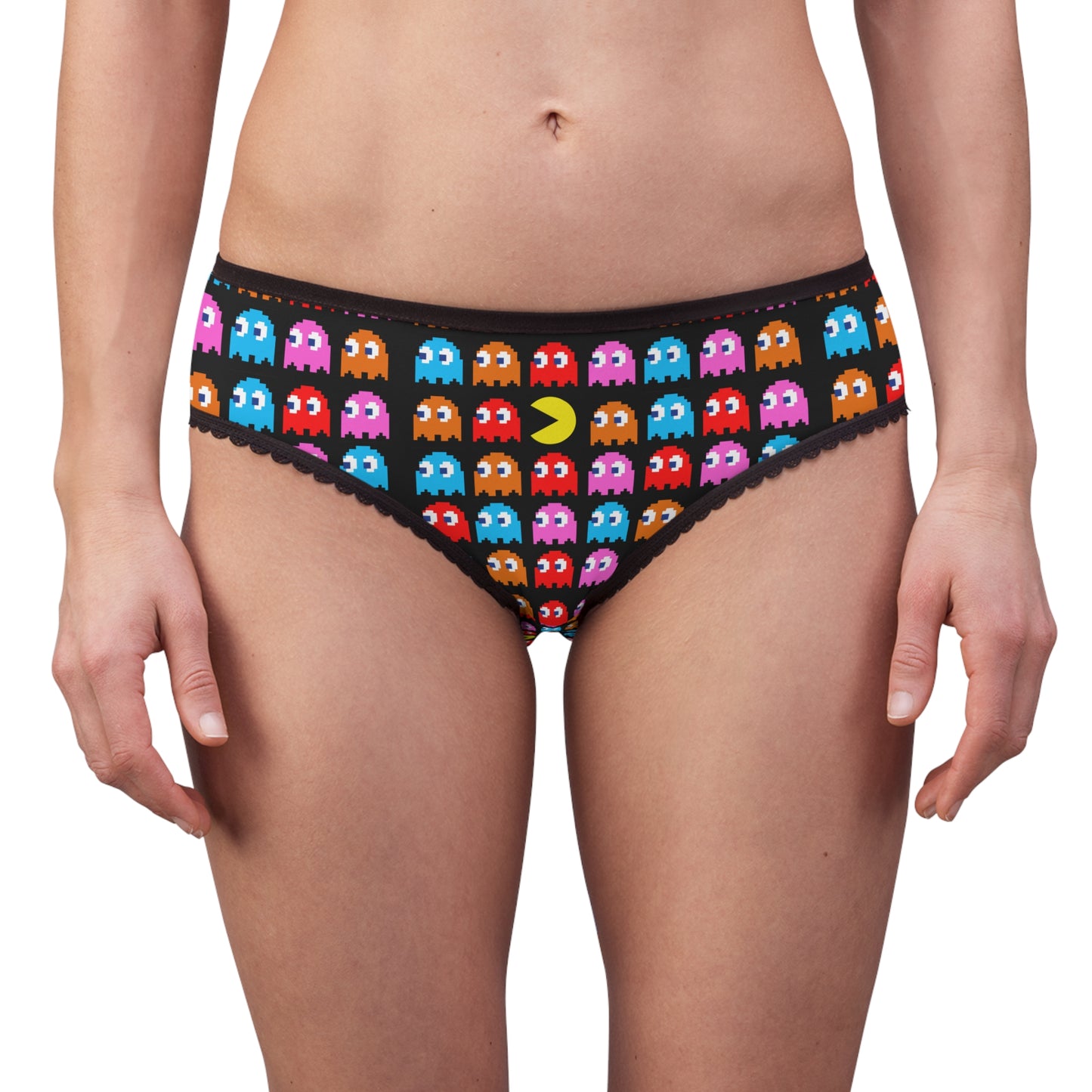 Front view of model wearing Pac-Man gaming briefs with colorful arcade ghost print and black waistband