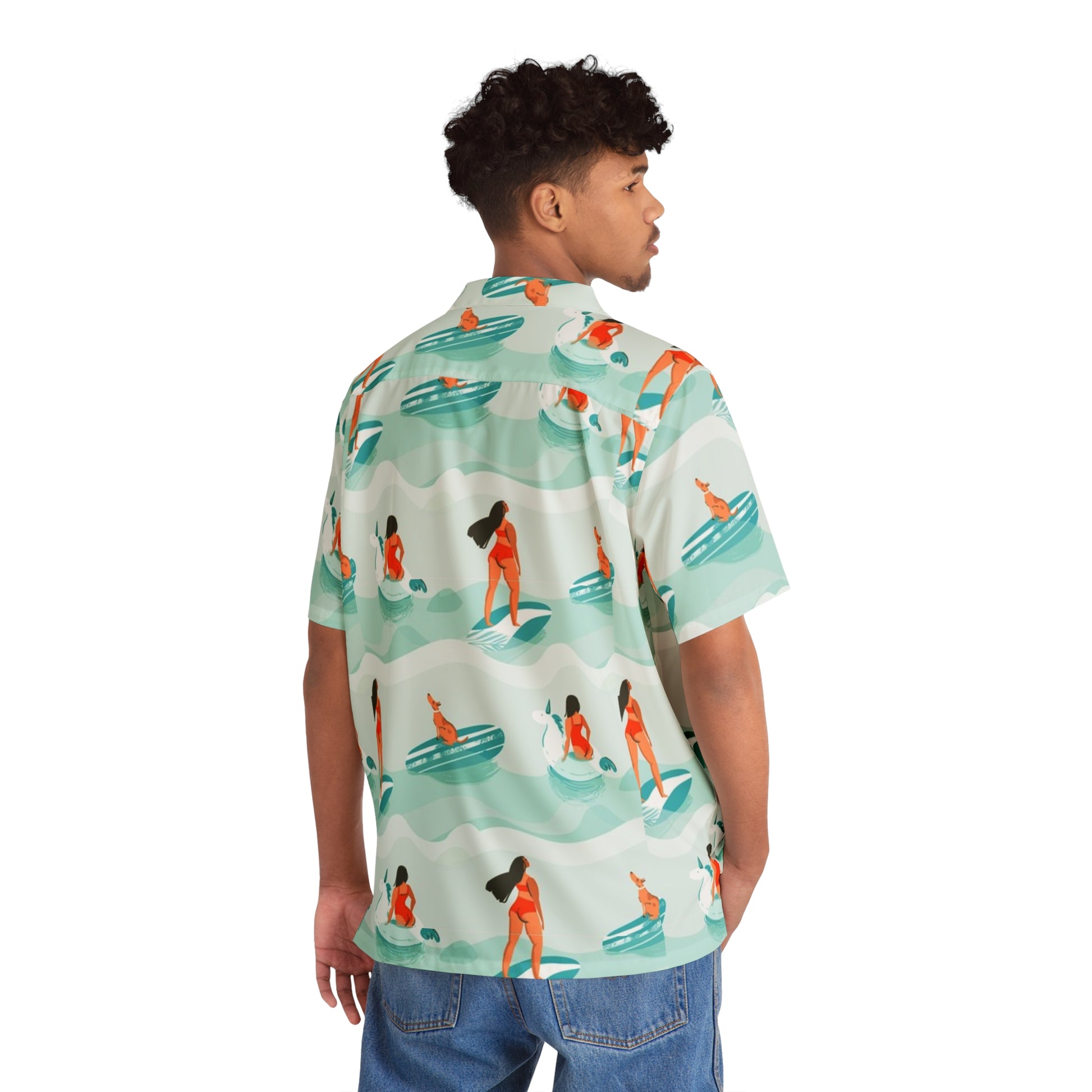 Back view of tropical Pacific Surfers Hawaiian shirt with beach-inspired artwork