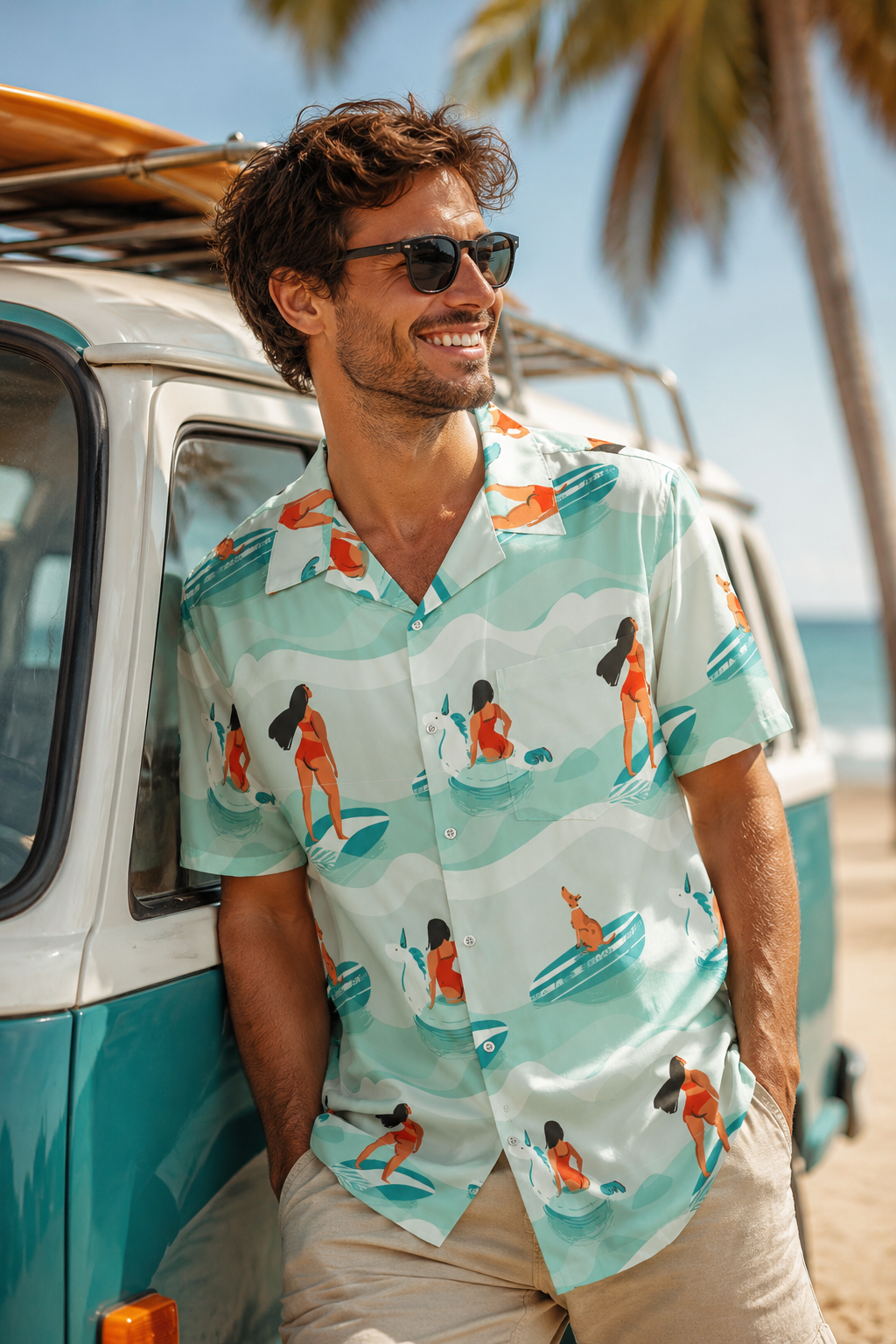 Man wearing Pacific Surfers Hawaiian shirt beside vintage surf van on a sunny tropical beach