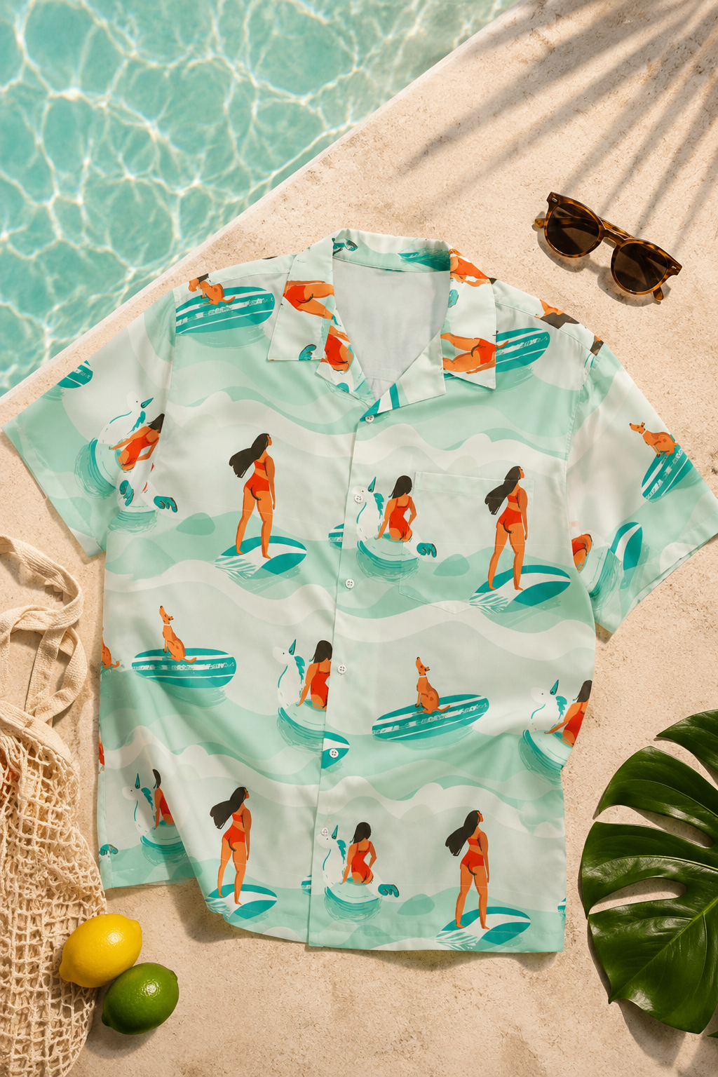 Pacific Surfers Hawaiian shirt styled in tropical summer flat lay with poolside accessories and palm leaves
