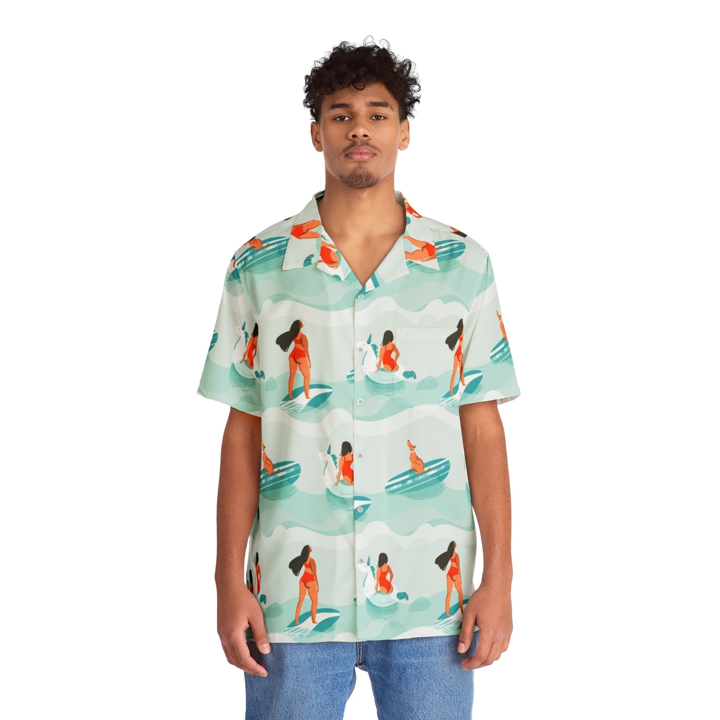 Men's Pacific Surfers Shirt featuring a tropical ocean wave print with surfers, a relaxed fit, and lightweight fabric for casual summer and beachwear.