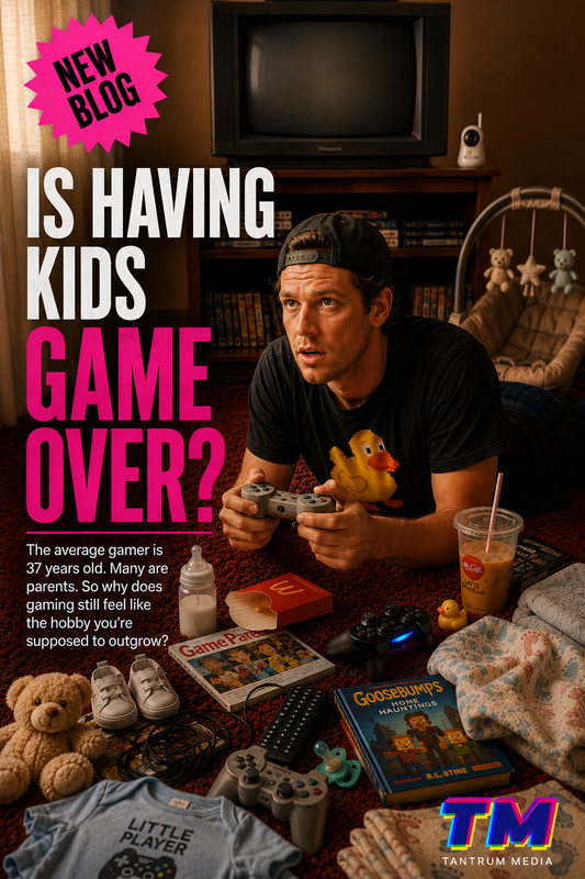 Parent gamer playing video games surrounded by baby items in a gaming and parenthood editorial exploring modern parent gamer culture.