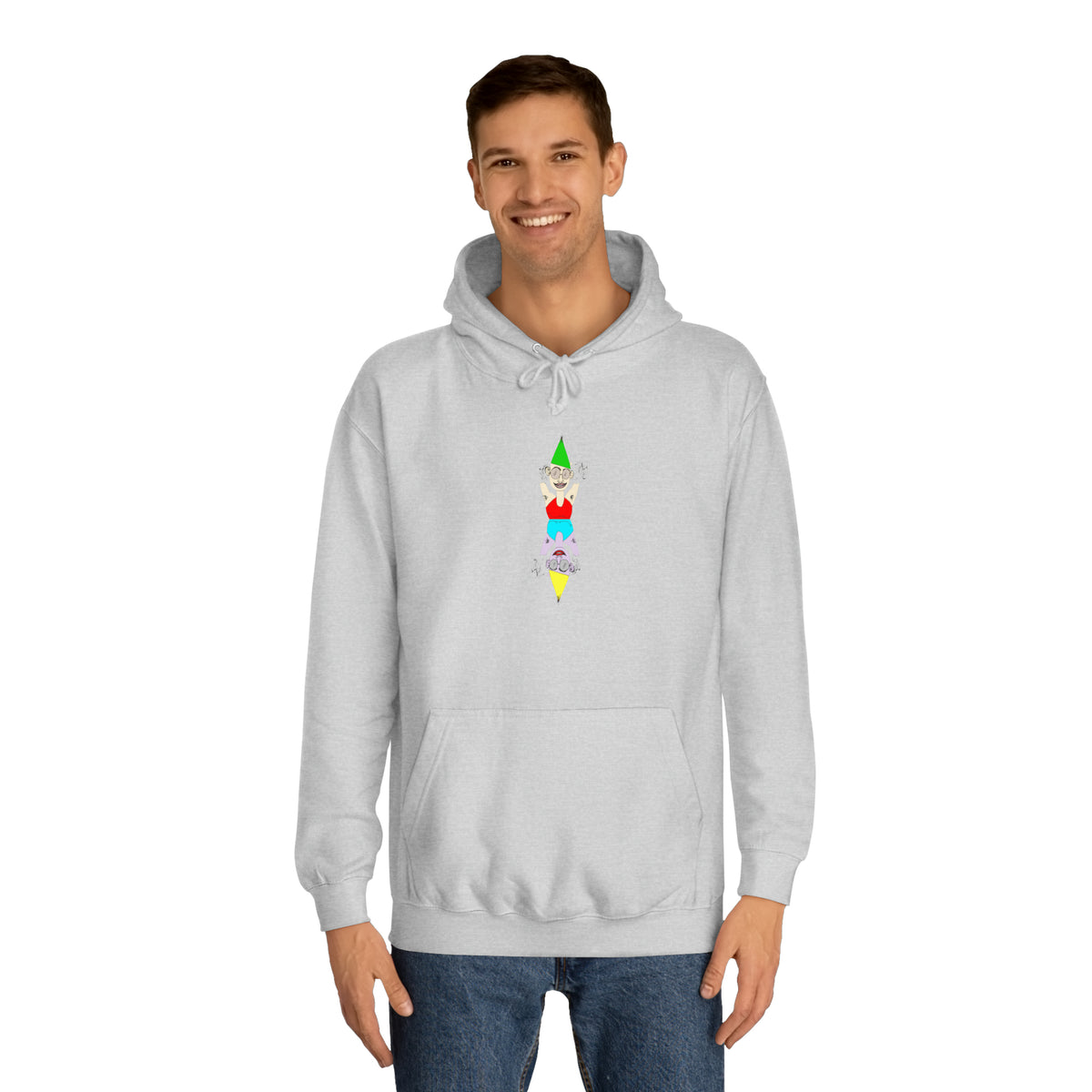 Man wearing the heather gray Party Favor unisex graphic hoodie front view