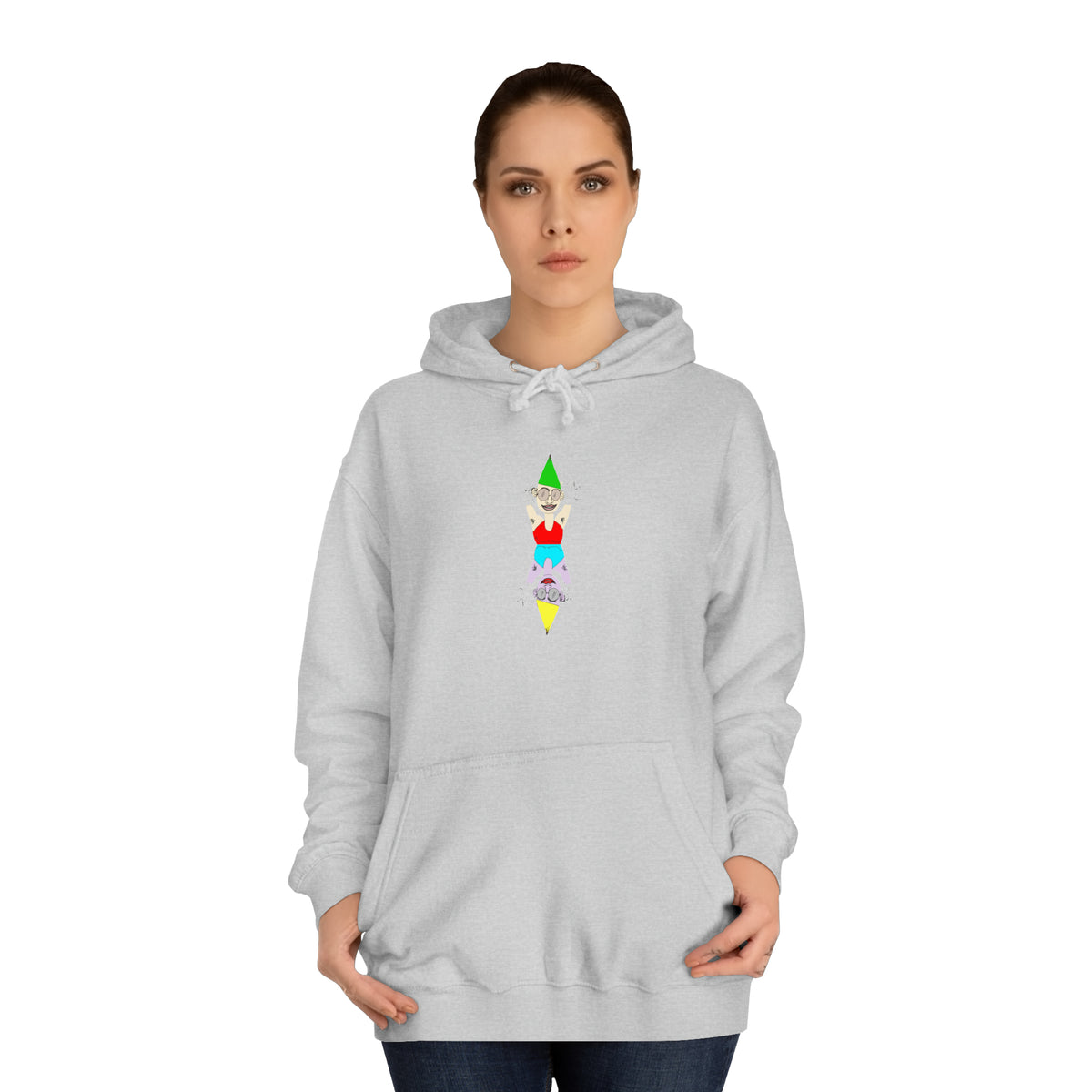 Woman wearing the heather gray Party Favor graphic hoodie with colorful chest artwork